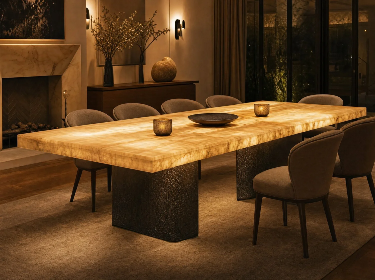 Ónix, mesa de comedor en ónix, bronce y luz LED. Render de diseño.