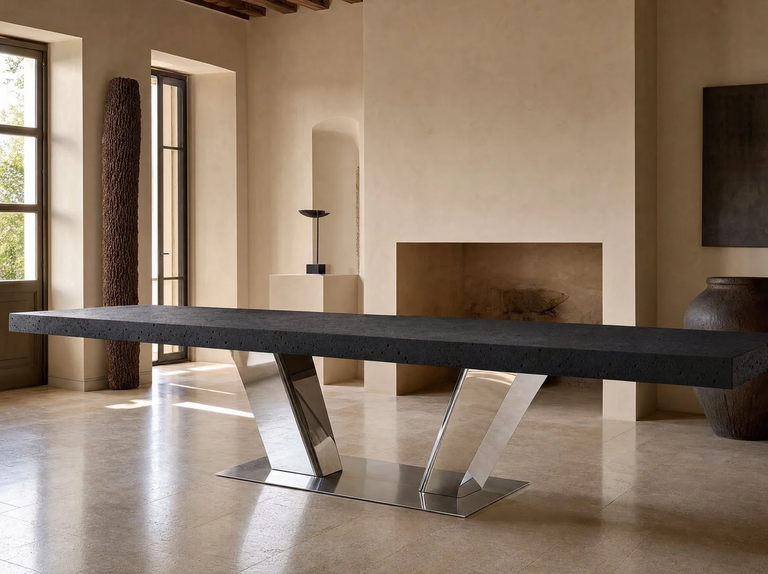 Volcán, mesa de comedor en piedra volcánica y acero inoxidable. Render de diseño.