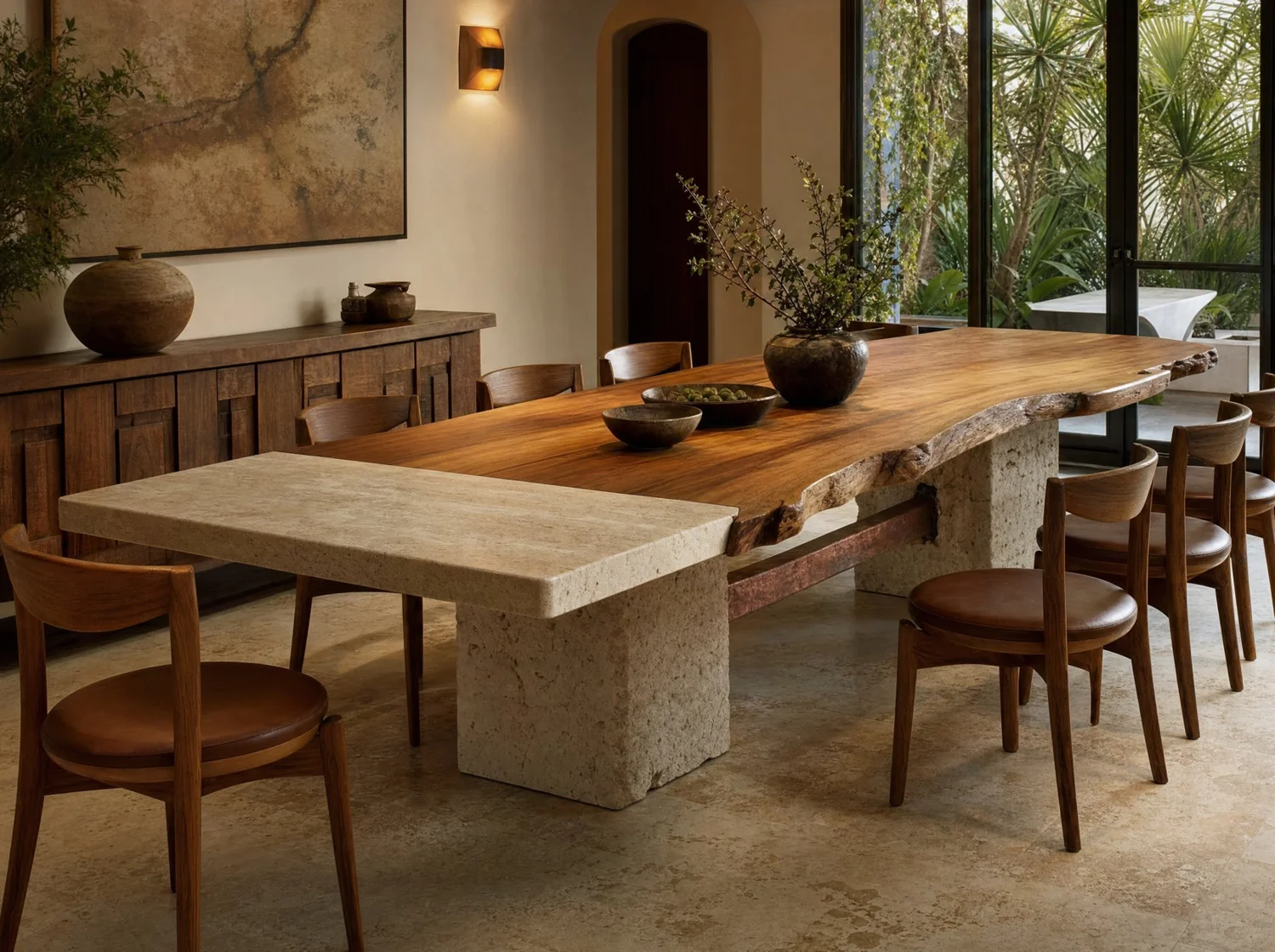 Parota, dining table in parota, travertine and copper. Design render.