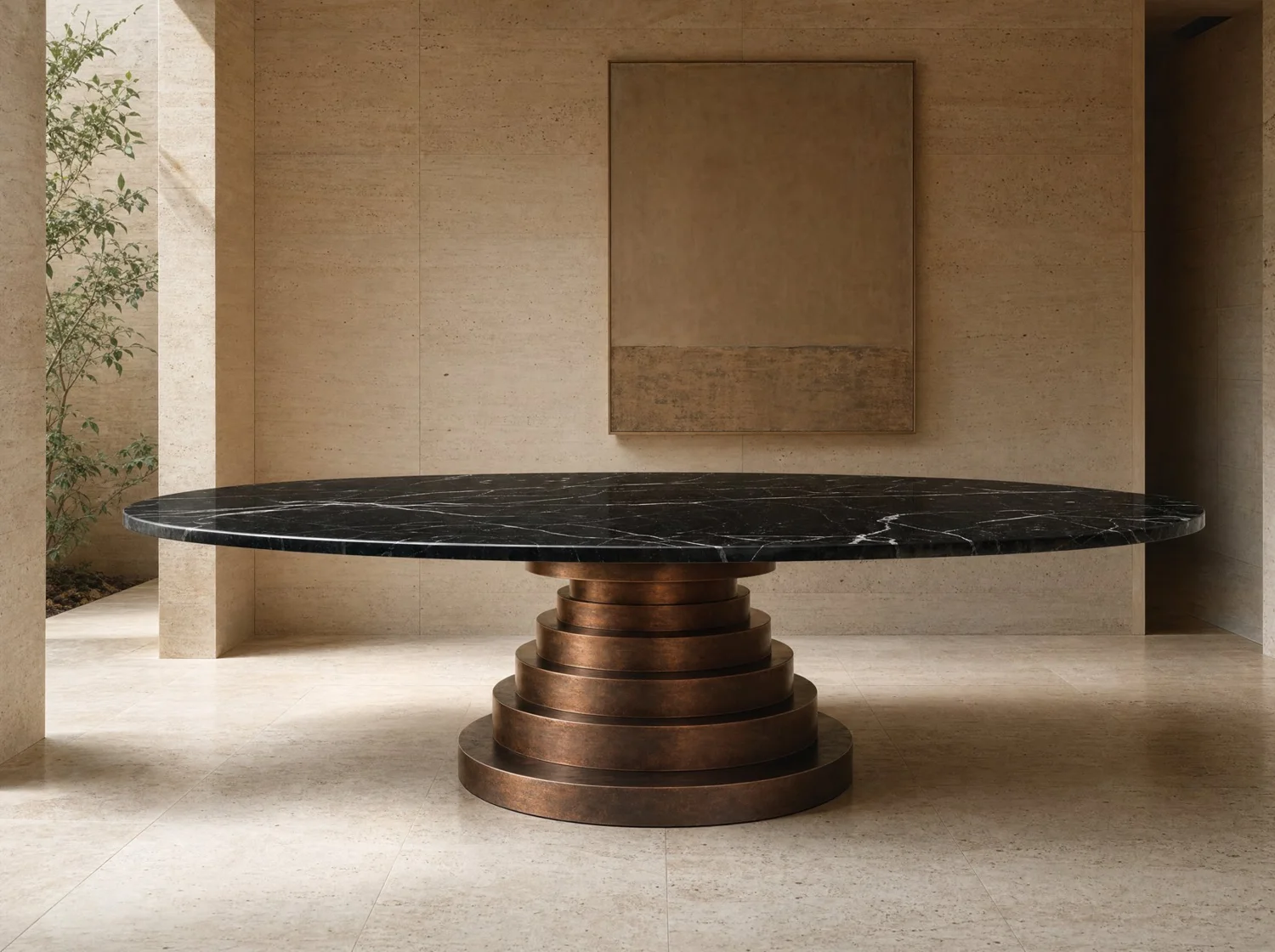 Columna, dining table in Negro Vizarrón marble and copper. Design render.
