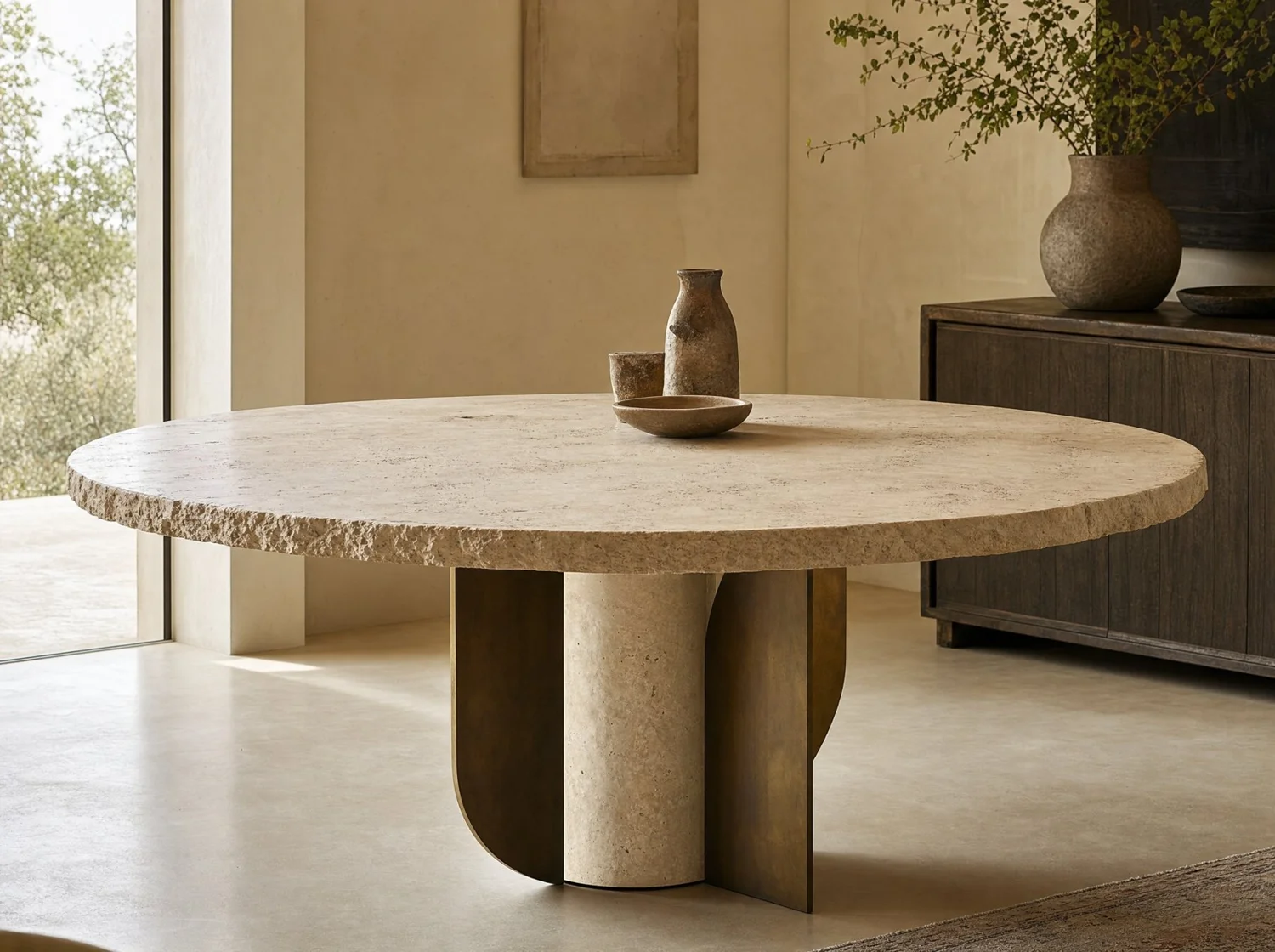 Aleta, dining table in travertine and bronze. Design render.