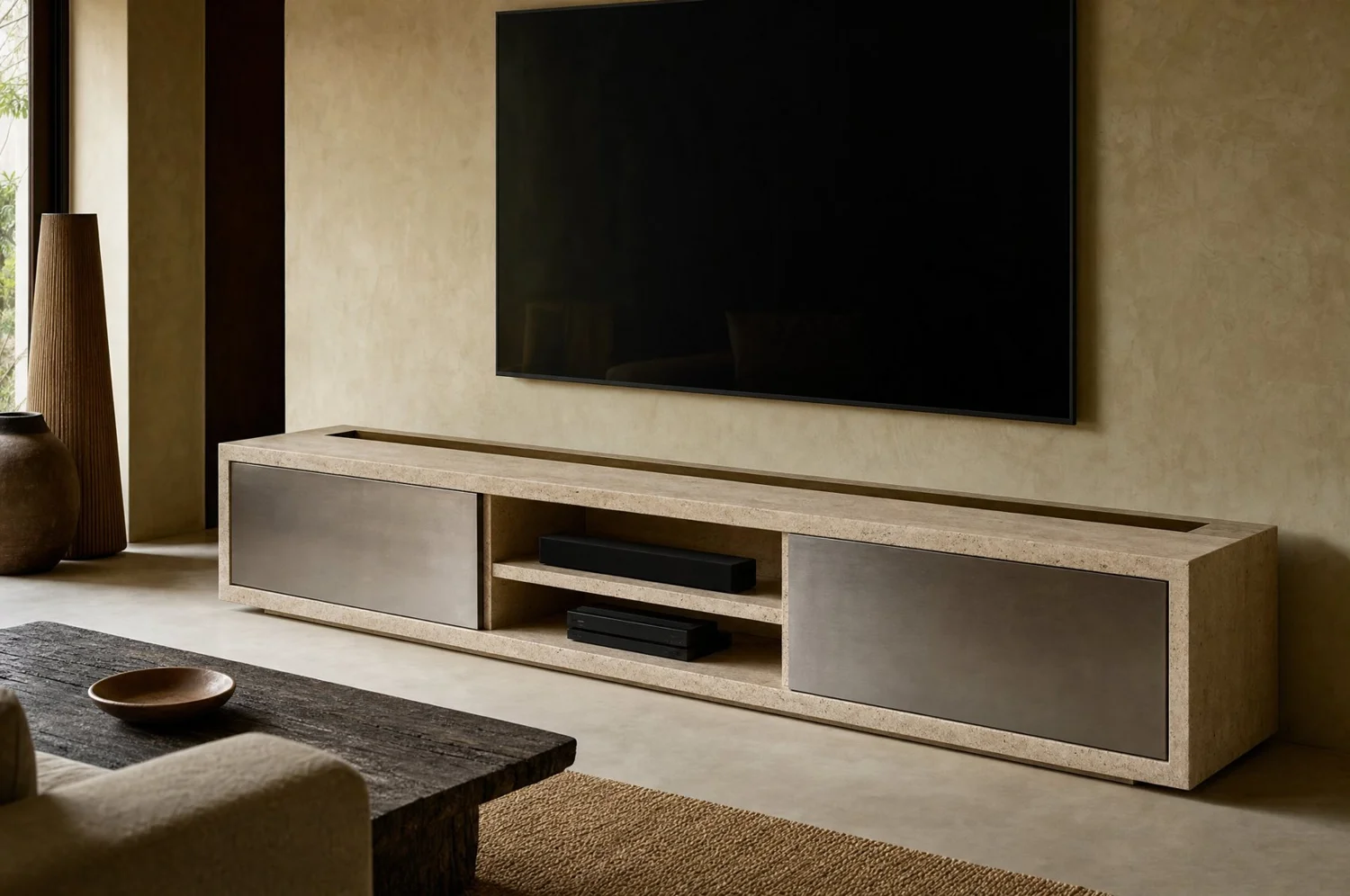 Bloque, media cabinet in travertine, stainless steel and bronze. Design render.