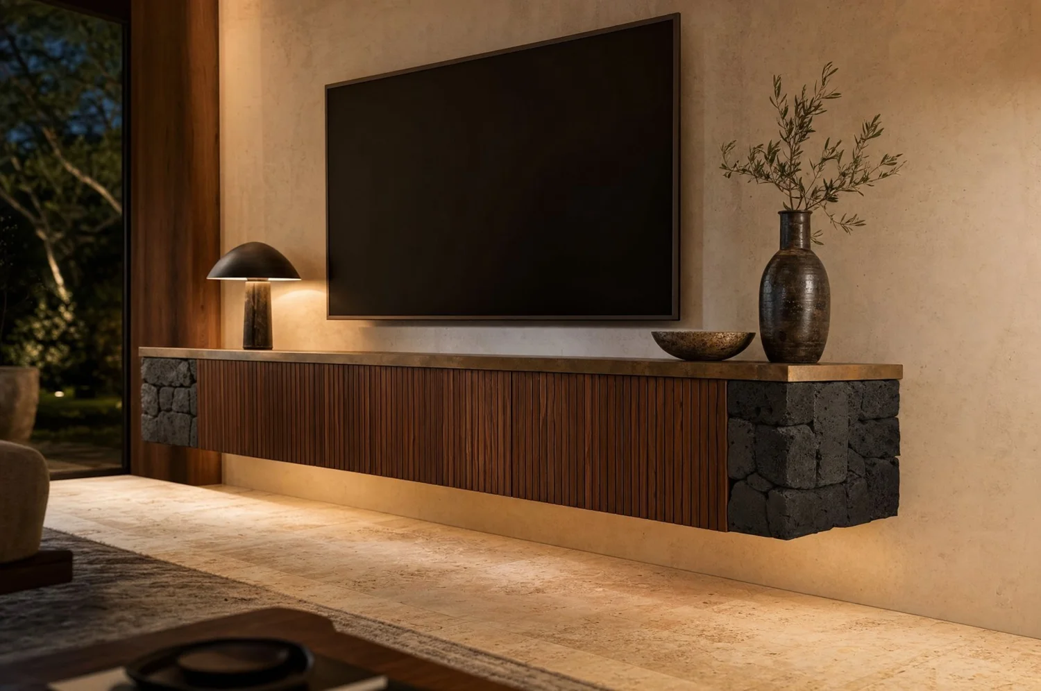 Mueble de TV flotante volcánica y nogal, media cabinet in volcanic stone, walnut and bronze. Design render.