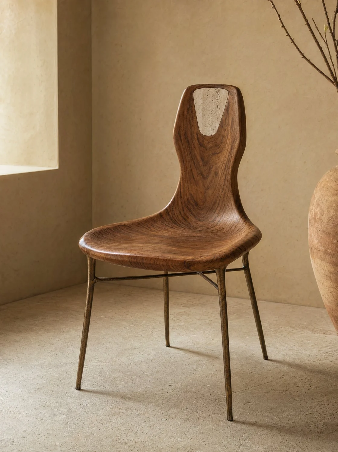 Parota, chair in parota, bronze and travertine. Design render.