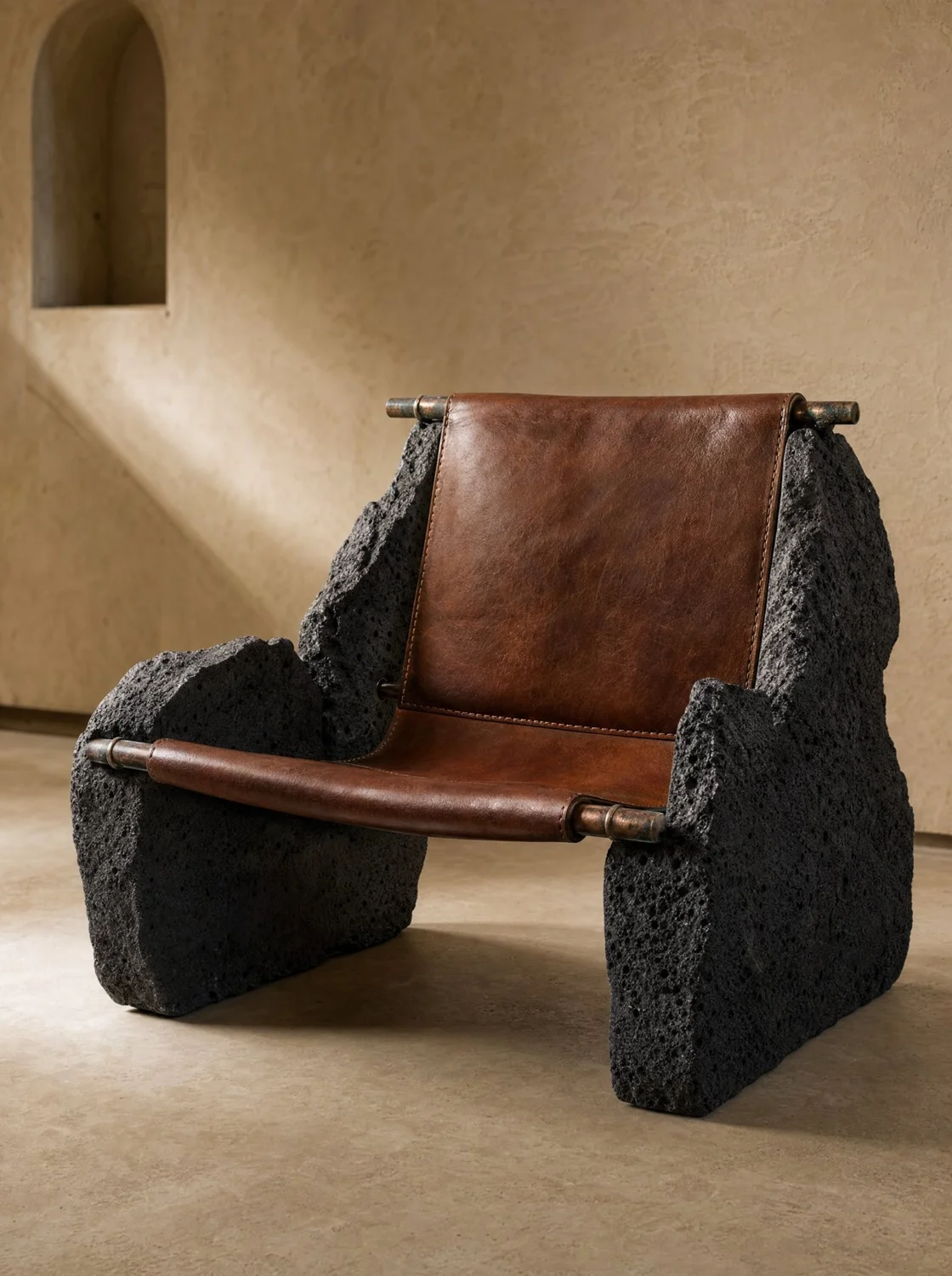 Lava, sillón en piedra volcánica, piel y cobre. Render de diseño.