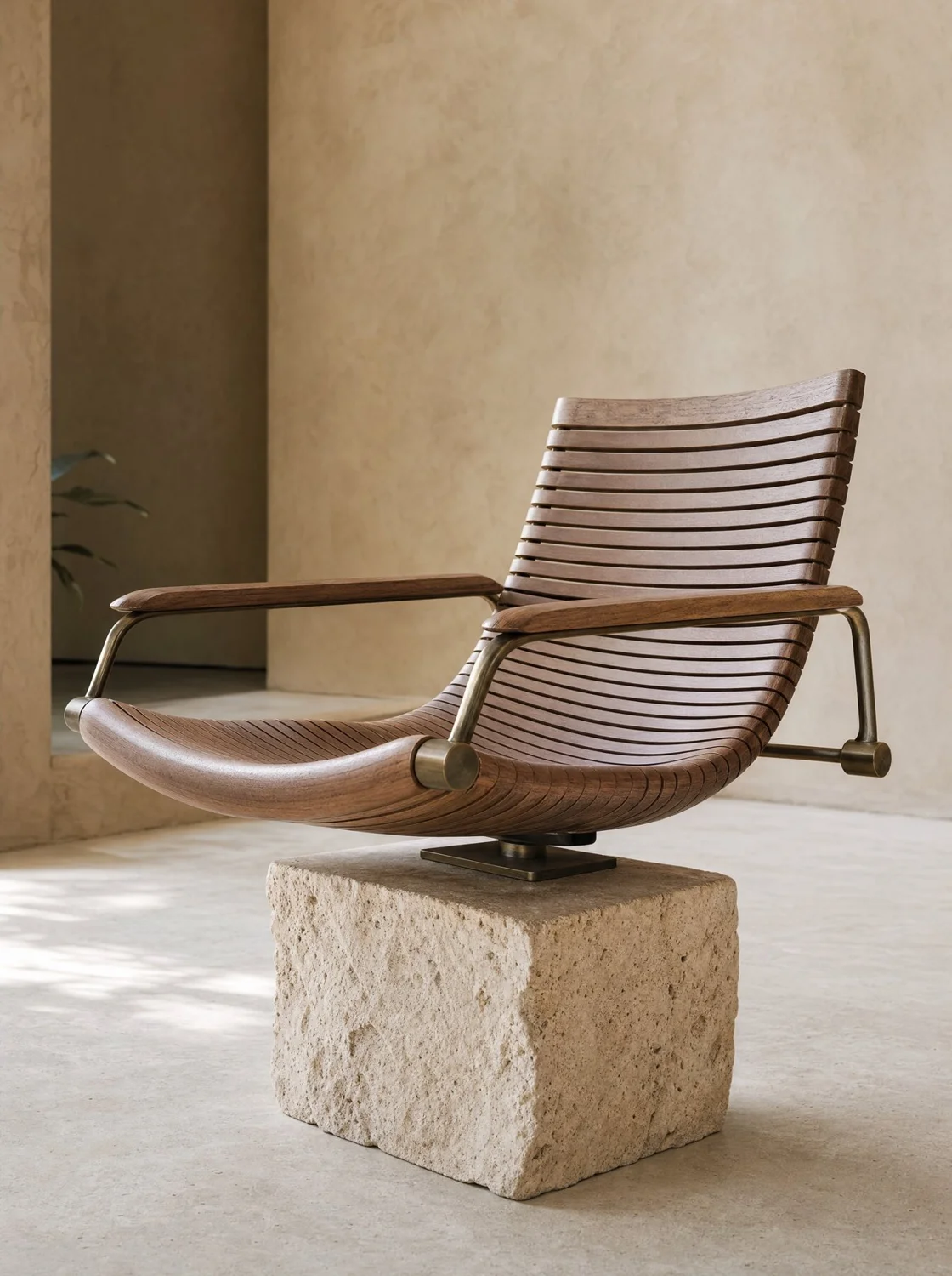 Concha, sillón en parota, travertino y bronce. Render de diseño.