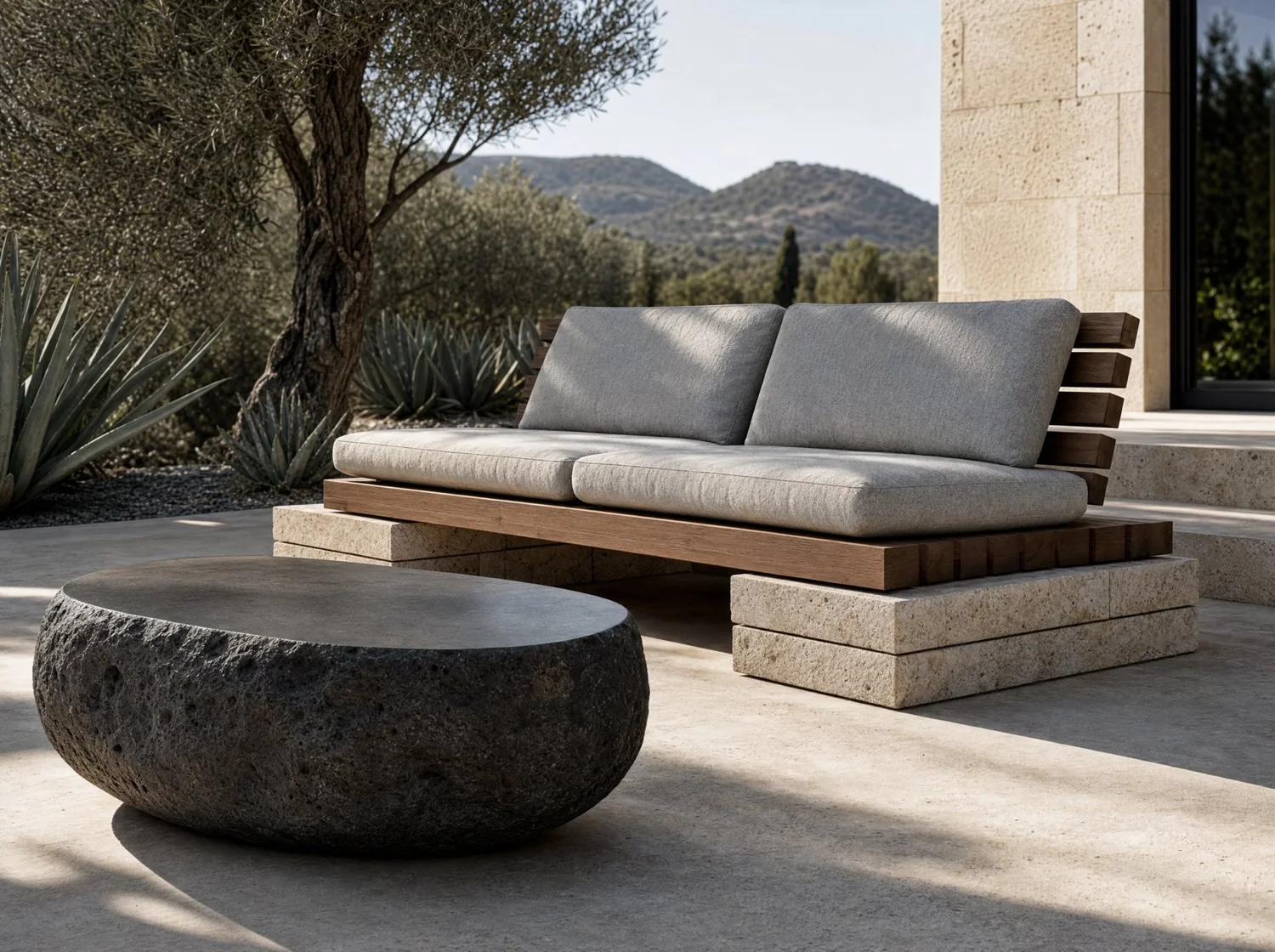 Sofá exterior travertino y pino + mesa roca, outdoor in travertine, pine and volcanic stone. Design render.