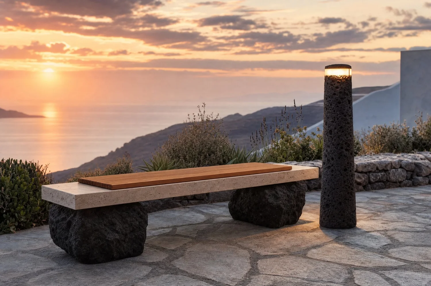 Banca de jardín travertino y volcánica, outdoor in travertine, volcanic stone and pine. Design render.