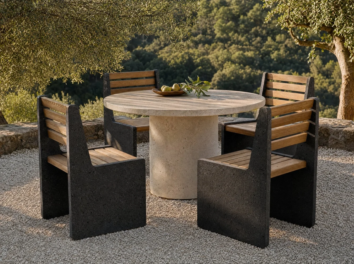 Sillas exterior volcánica y pino (juego de 4), outdoor in volcanic stone, pine and travertine. Design render.