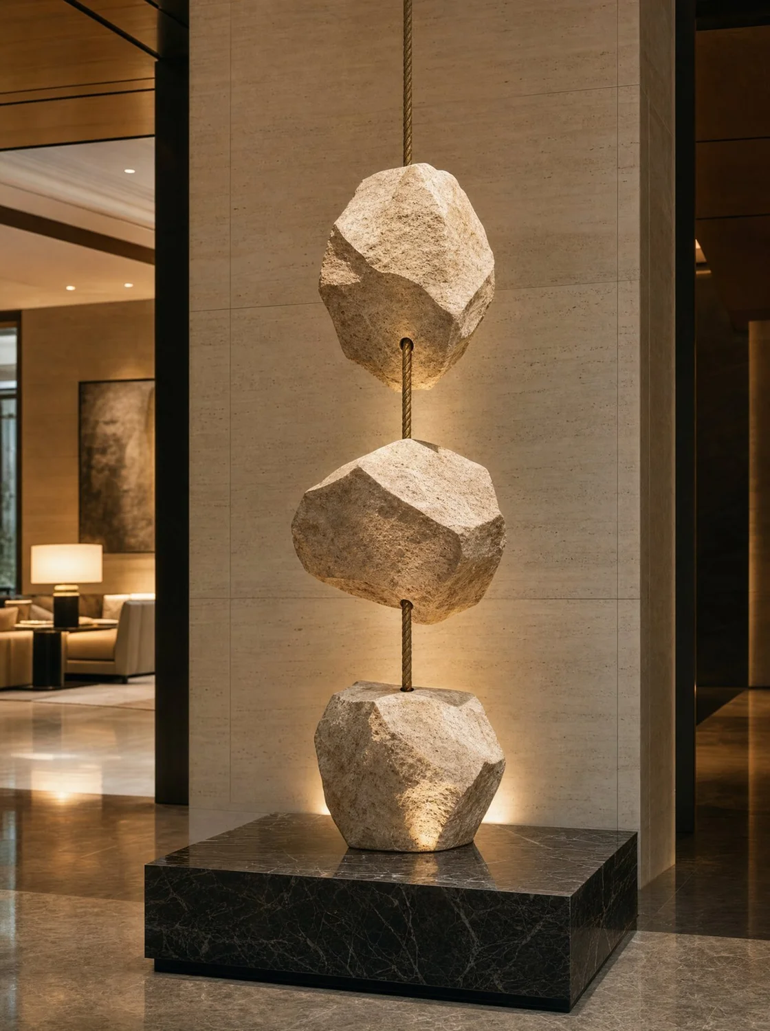 Tensión, sculpture in travertine, bronze and Negro Vizarrón marble. Design render.