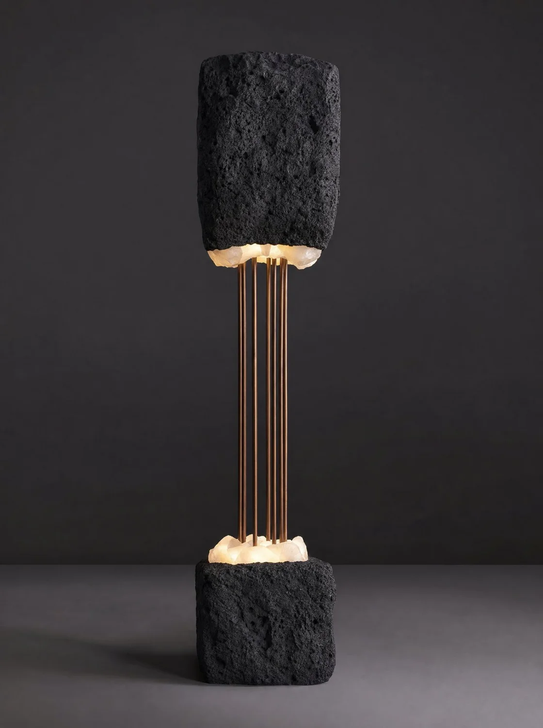 Fisura, sculpture in volcanic stone, copper, onyx and LED light. Design render.
