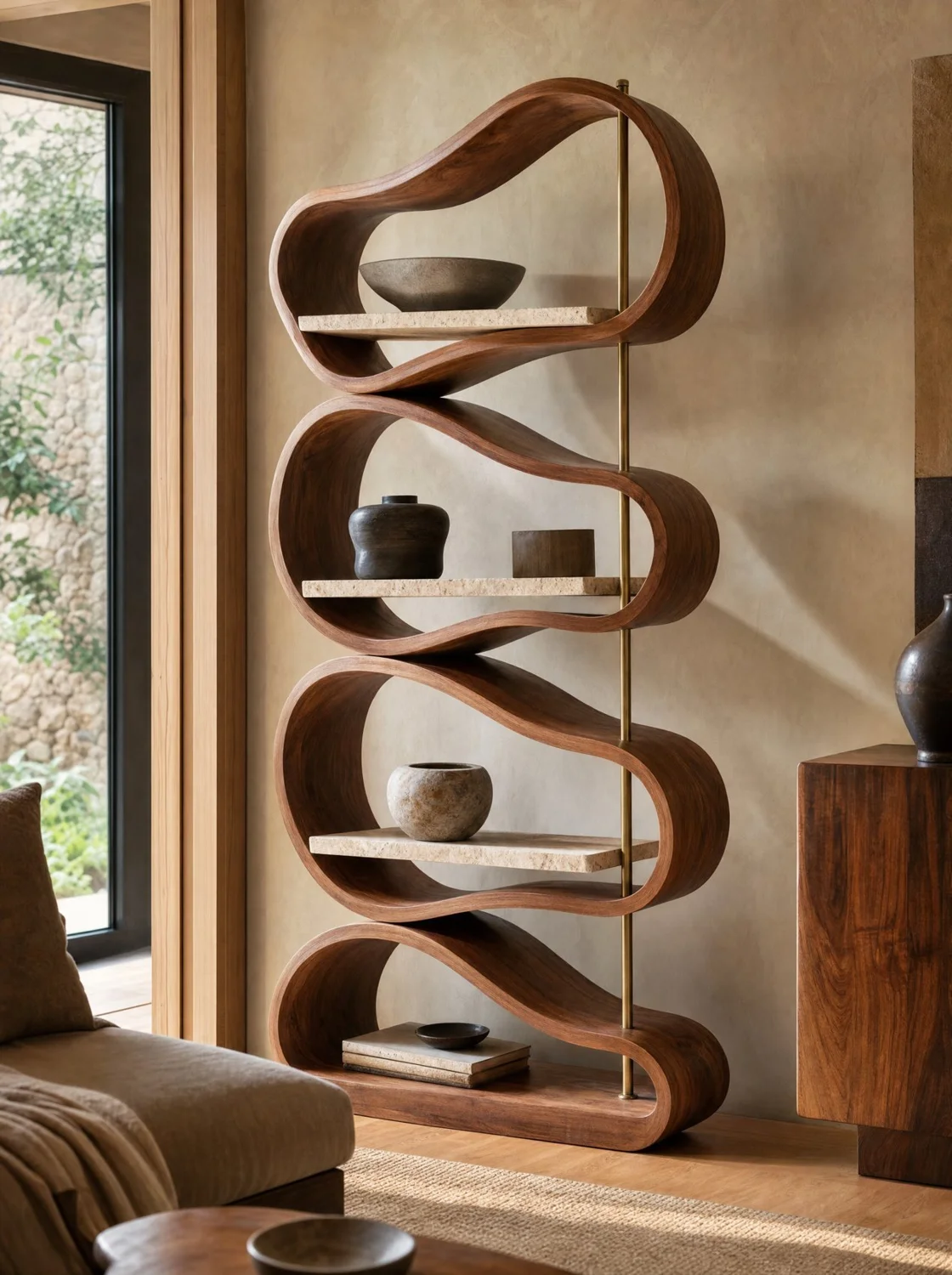 Cinta, sculpture in parota, travertine and bronze. Design render.