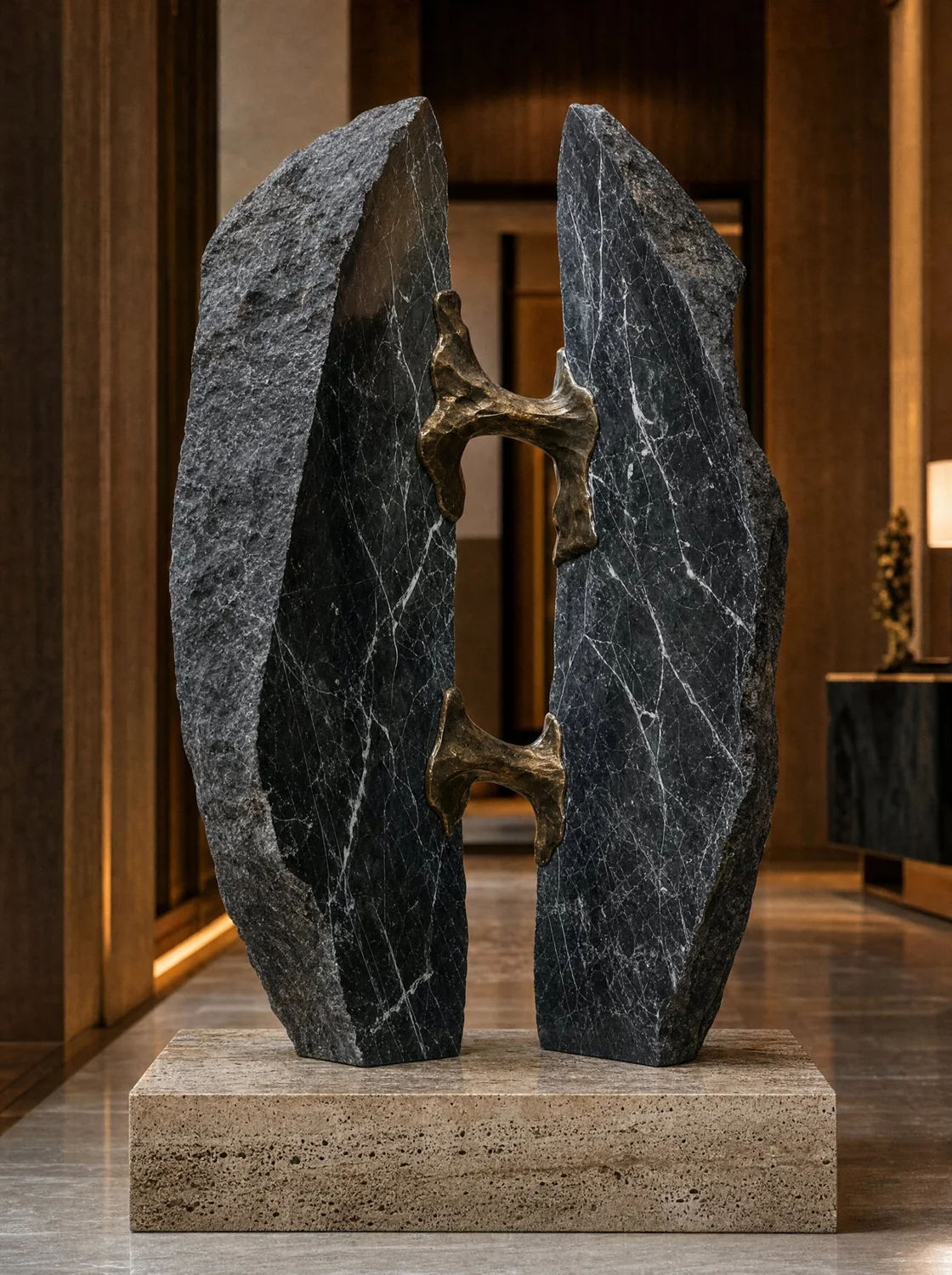 Grieta, sculpture in Negro Vizarrón marble, bronze and travertine. Design render.