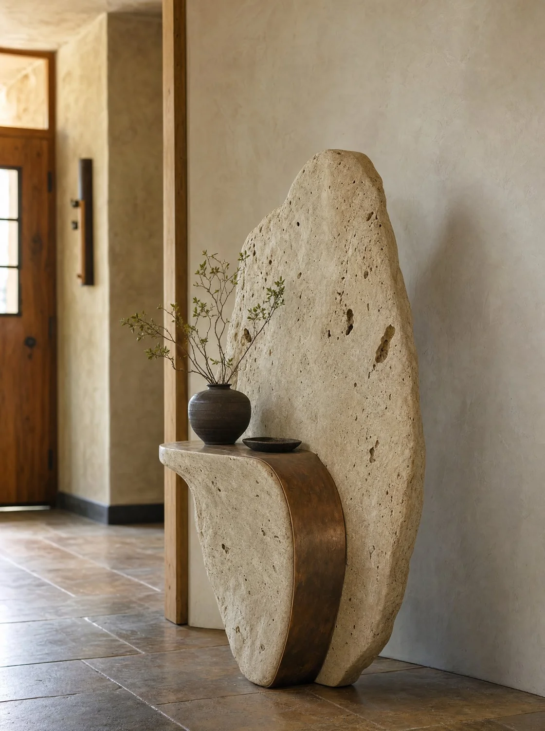 Aro, escultura en travertino y cobre. Render de diseño.