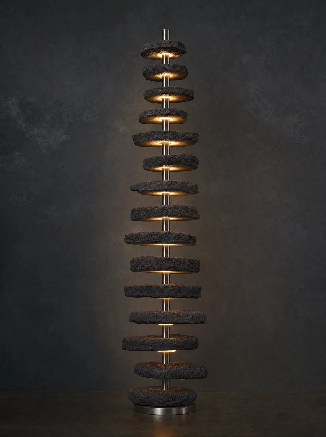 Discos, sculpture in volcanic stone, stainless steel and LED light. Design render.