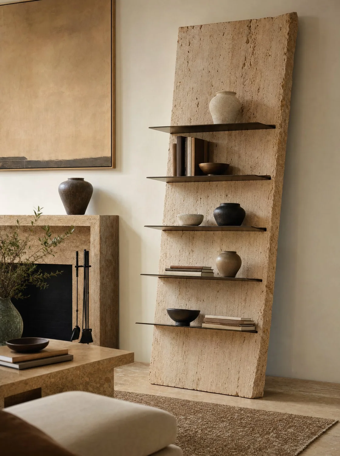 Cortes, sculpture in travertine and bronze. Design render.