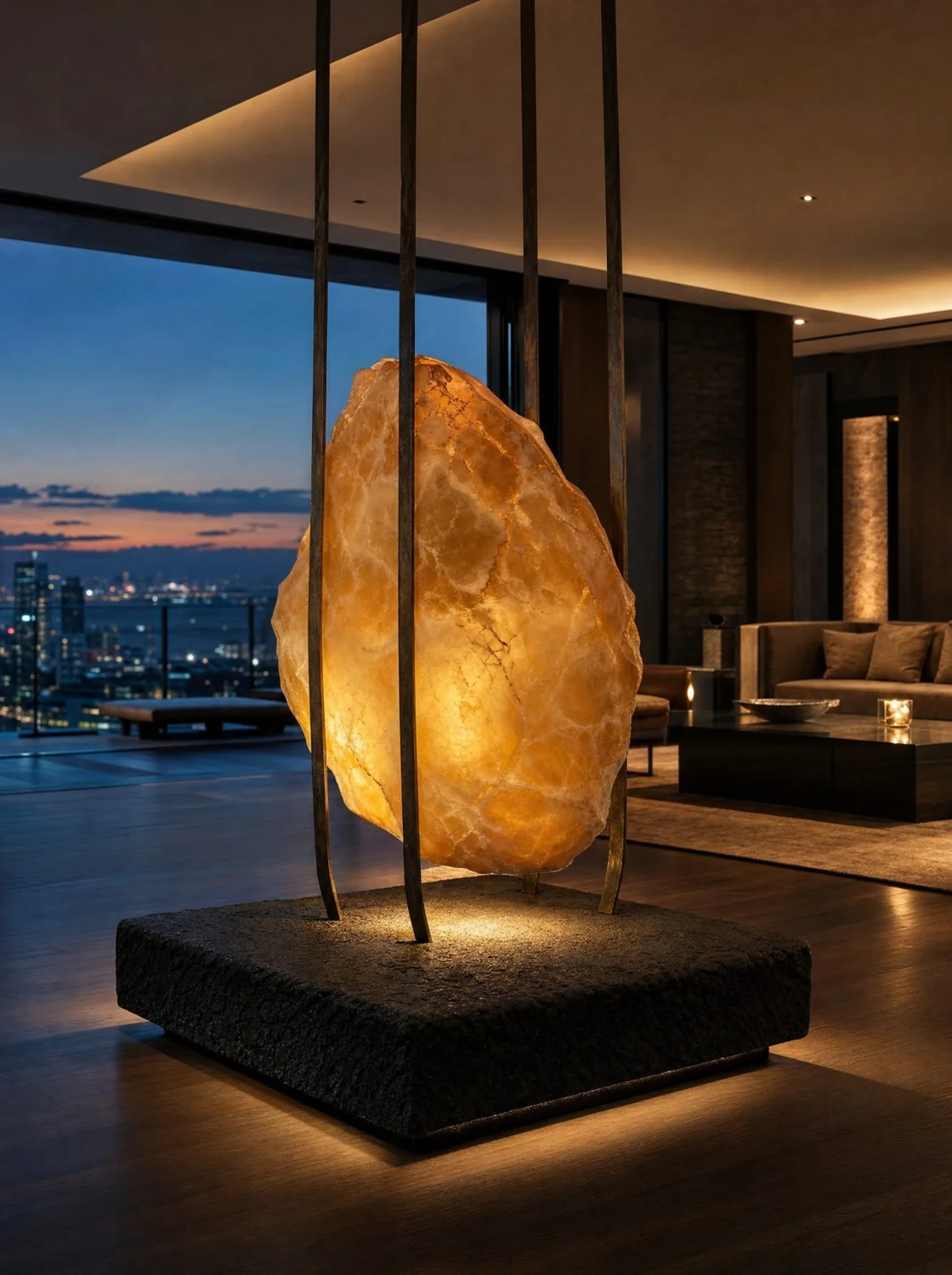 Brasa, sculpture in onyx, bronze, volcanic stone and LED light. Design render.