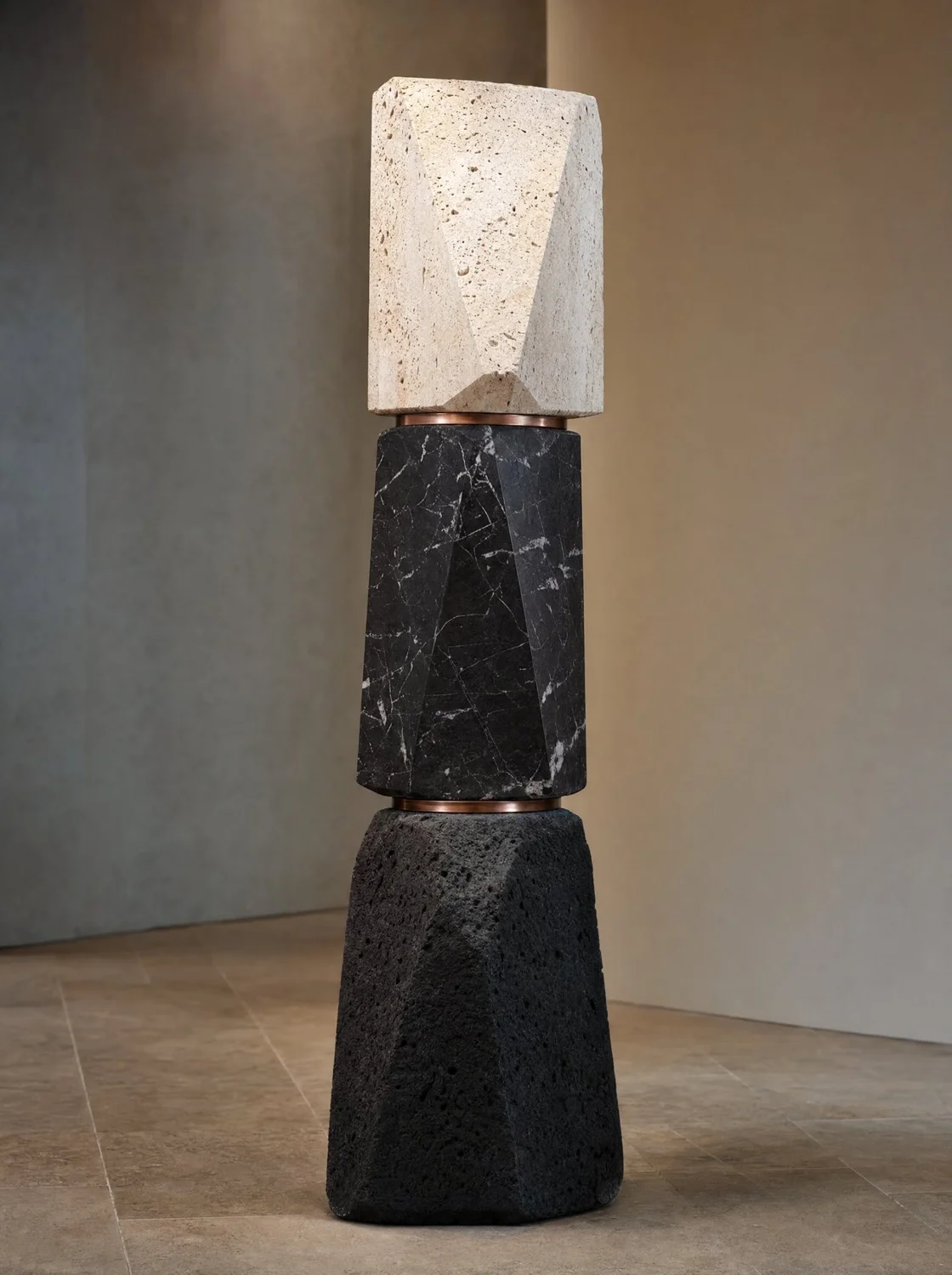 Tres piedras, sculpture in volcanic stone, Negro Vizarrón marble, travertine and copper. Design render.