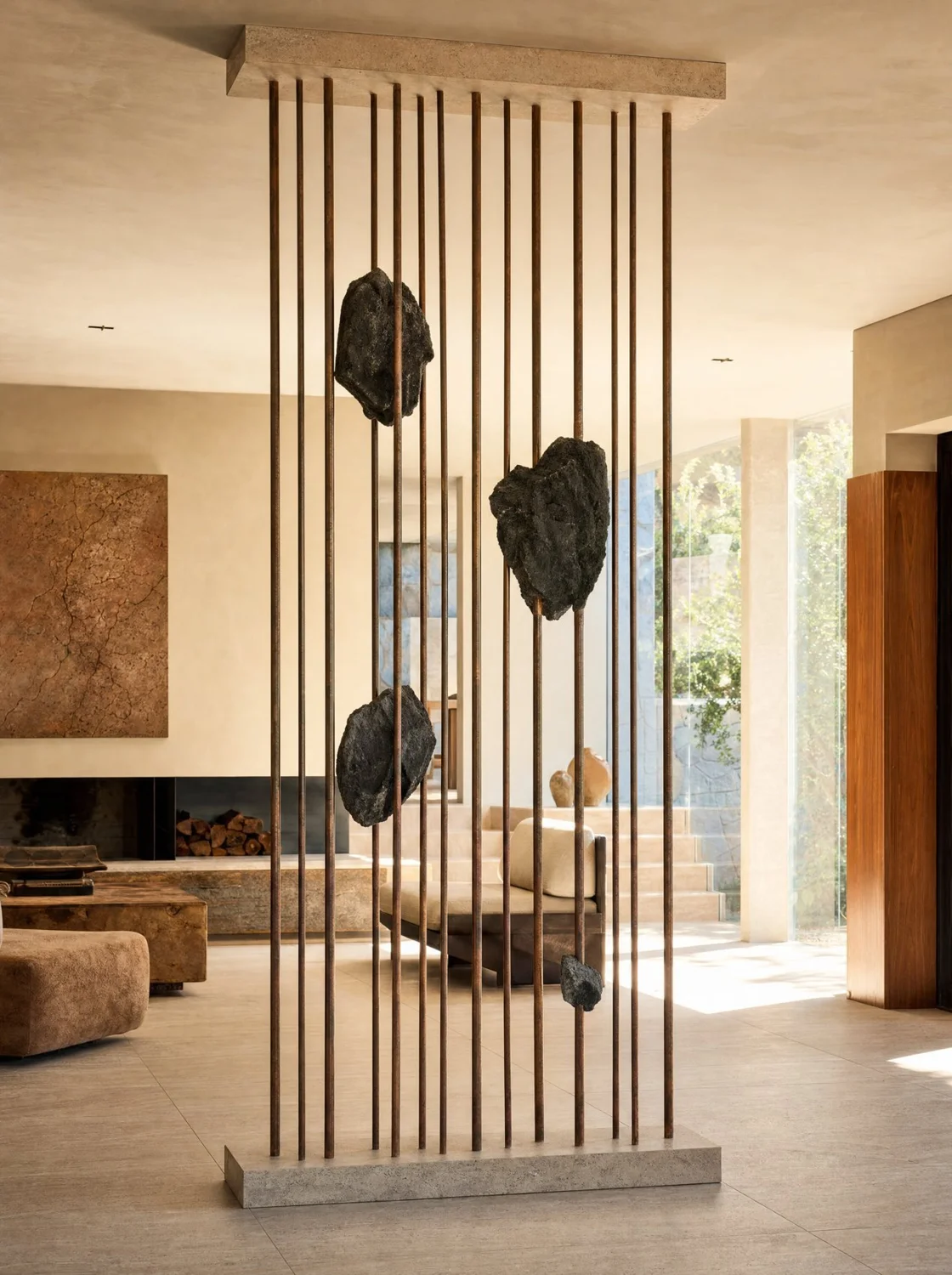 Caída, sculpture in copper, travertine and volcanic stone. Design render.