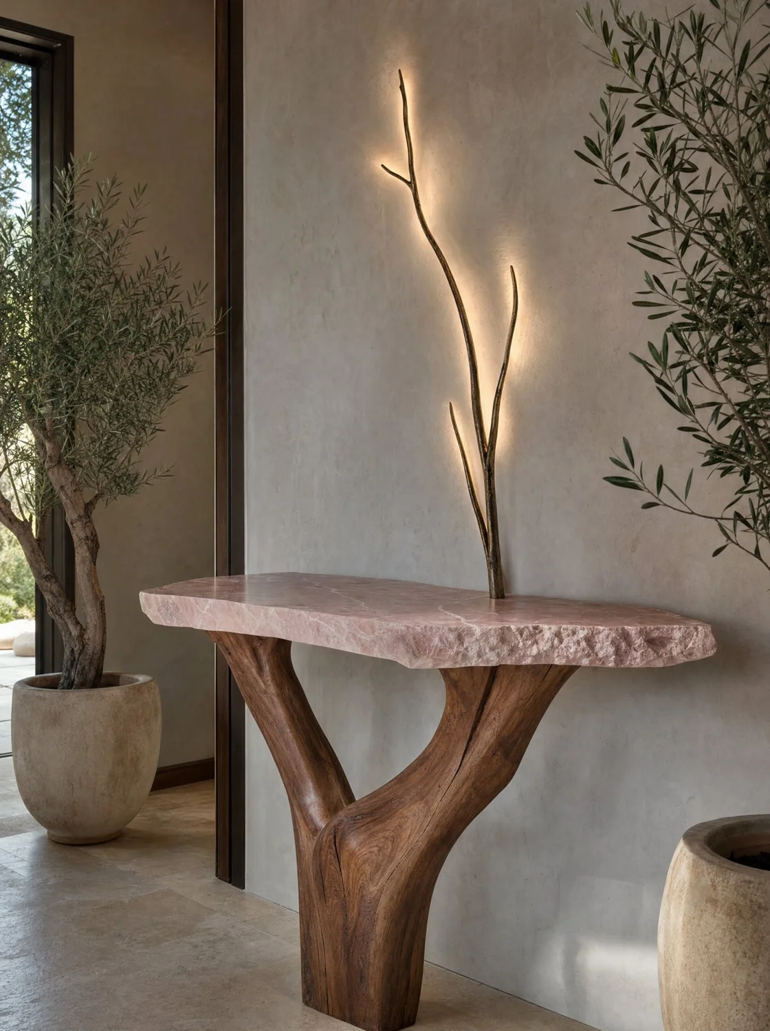 Árbol, sculpture in parota, pink marble, bronze and LED light. Design render.