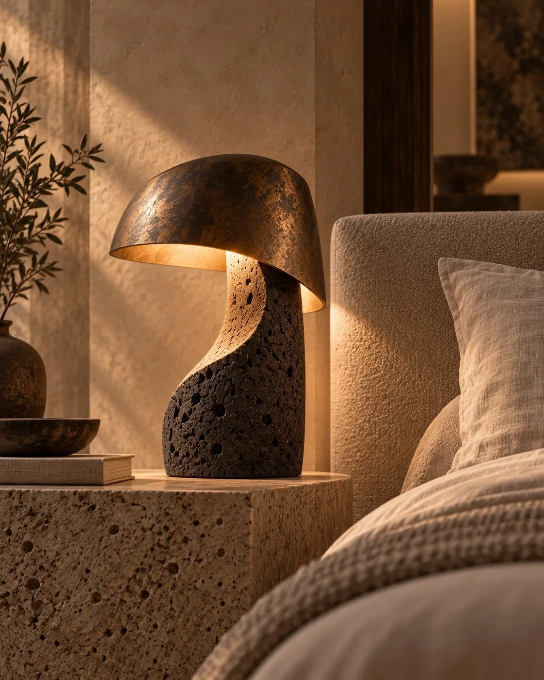 Lava, lighting in volcanic stone, bronze and LED light. Design render.
