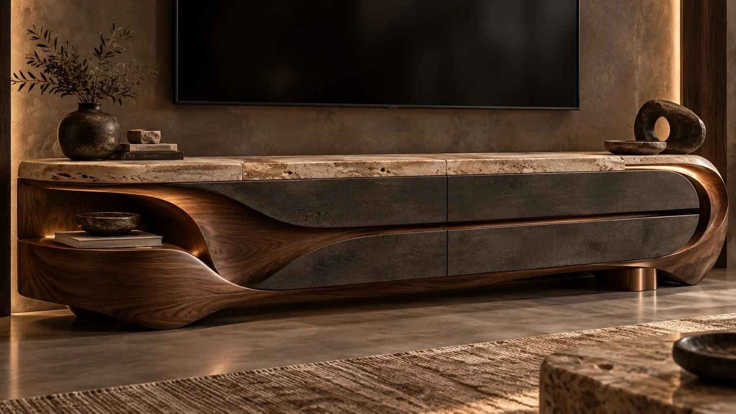 Ola, media cabinet in walnut, travertine, volcanic stone and copper. Design render.