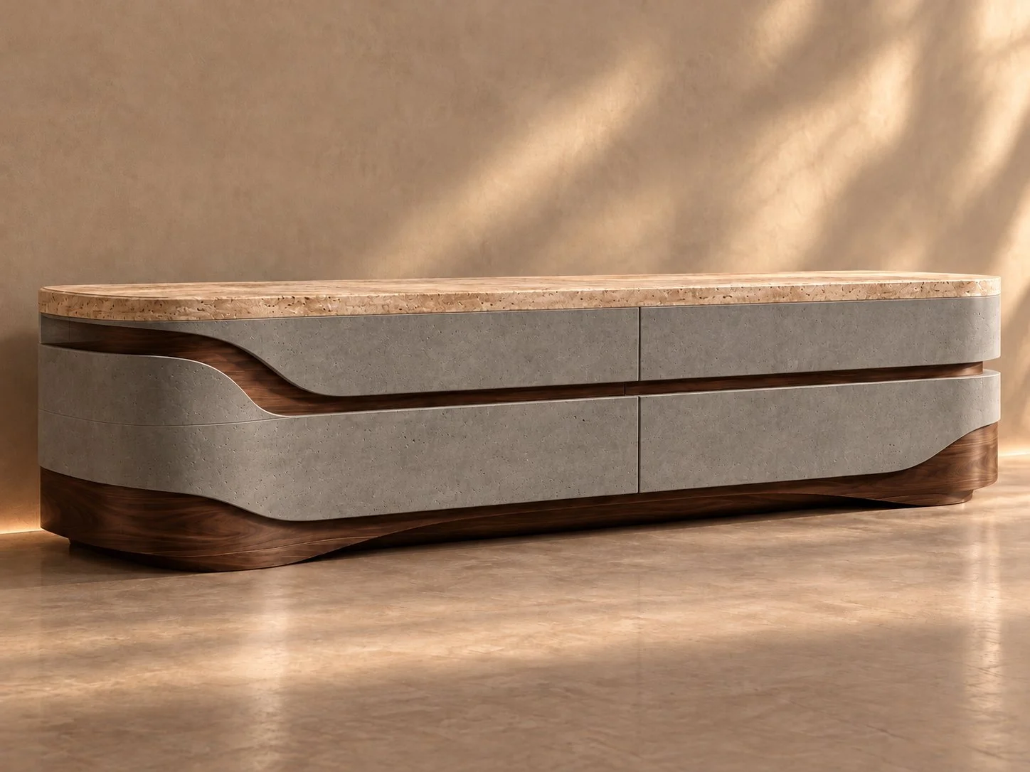 Estrato, media cabinet in travertine, concrete and walnut. Design render.