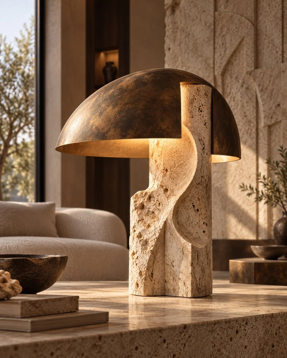 Domo, iluminación en travertino, bronce y luz LED. Render de diseño.