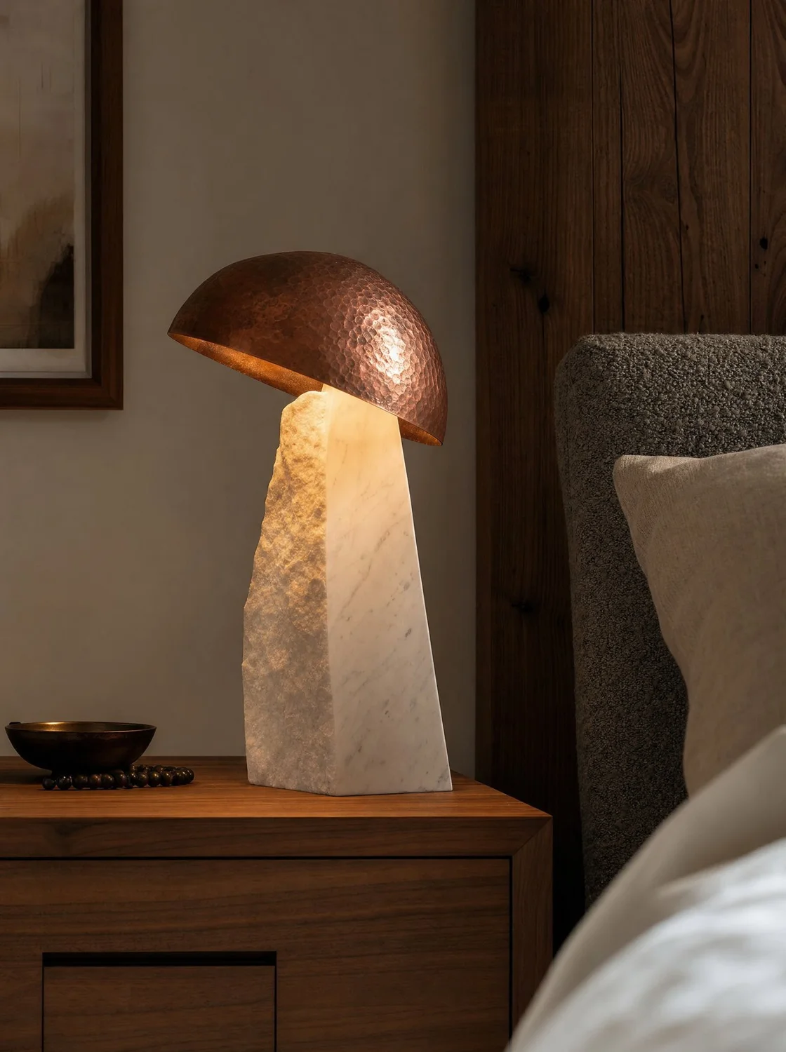 Blanco, lighting in white marble, copper and LED light. Design render.