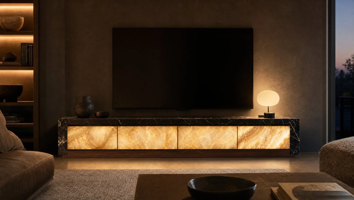 Negro y ónix, media cabinet in Negro Vizarrón marble, onyx, walnut and LED light. Design render.