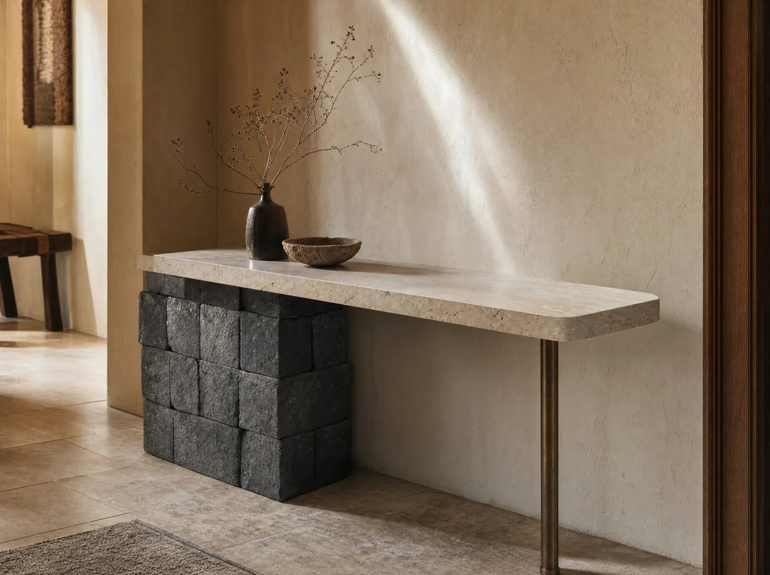 Adoquín, console in volcanic stone, travertine and bronze. Design render.
