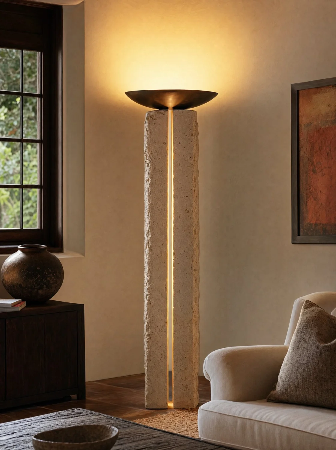 Cantera, lighting in limestone, bronze and LED light. Design render.