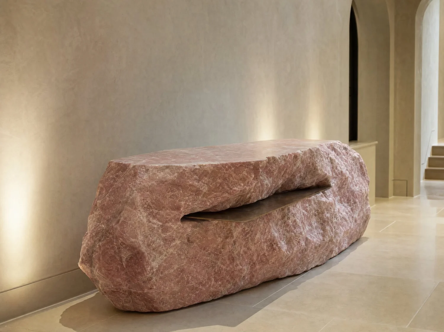 Roca rosa, sculpture in pink marble and bronze. Design render.