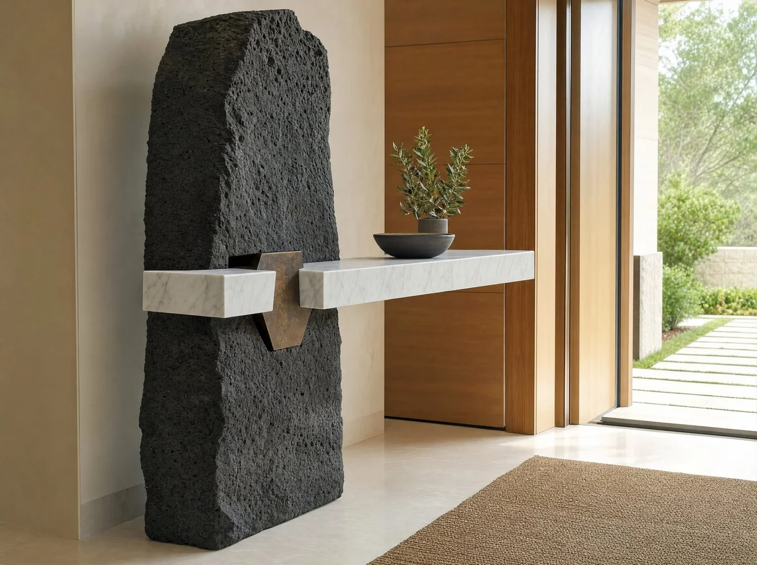 Atravesada, escultura en piedra volcánica, mármol blanco y cobre. Render de diseño.