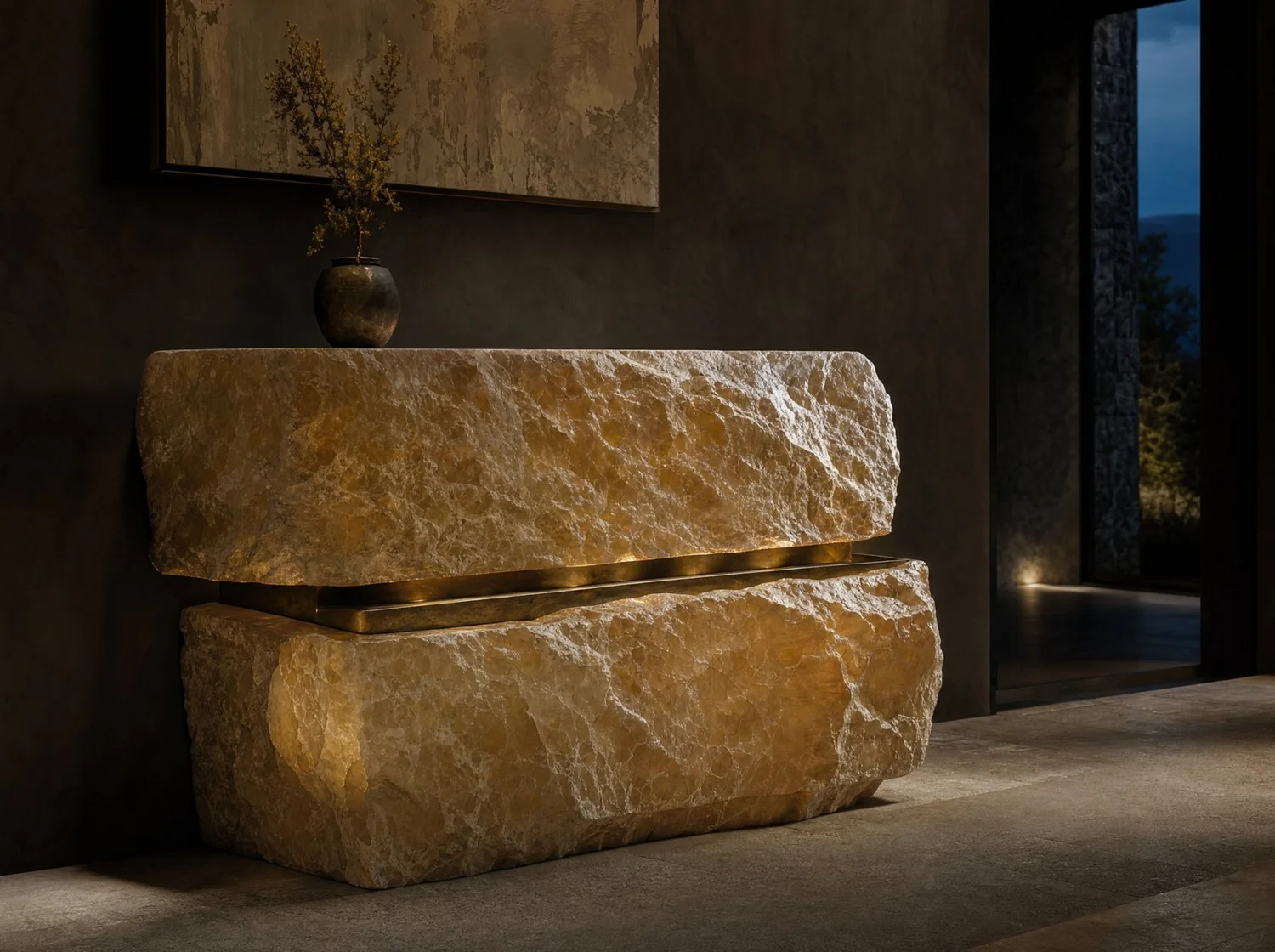 Cajón de ónix, sculpture in onyx, bronze and LED light. Design render.