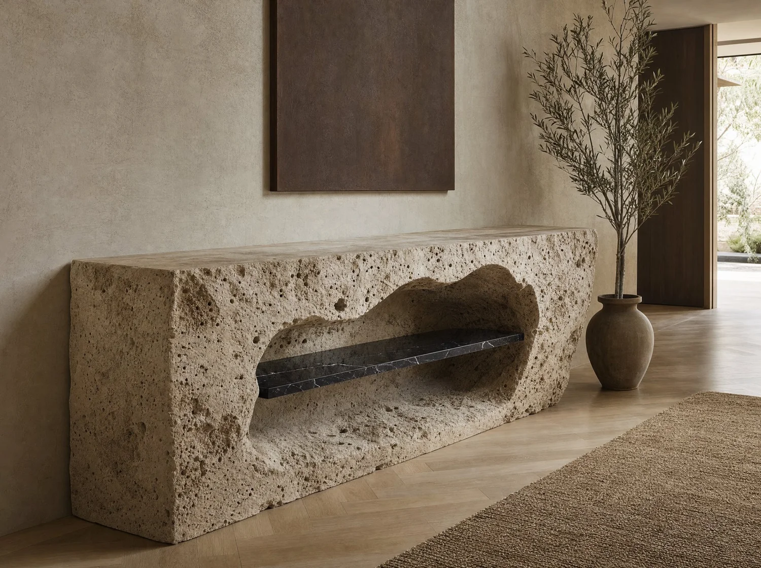 Cueva, escultura en travertino y mármol negro Vizarrón. Render de diseño.