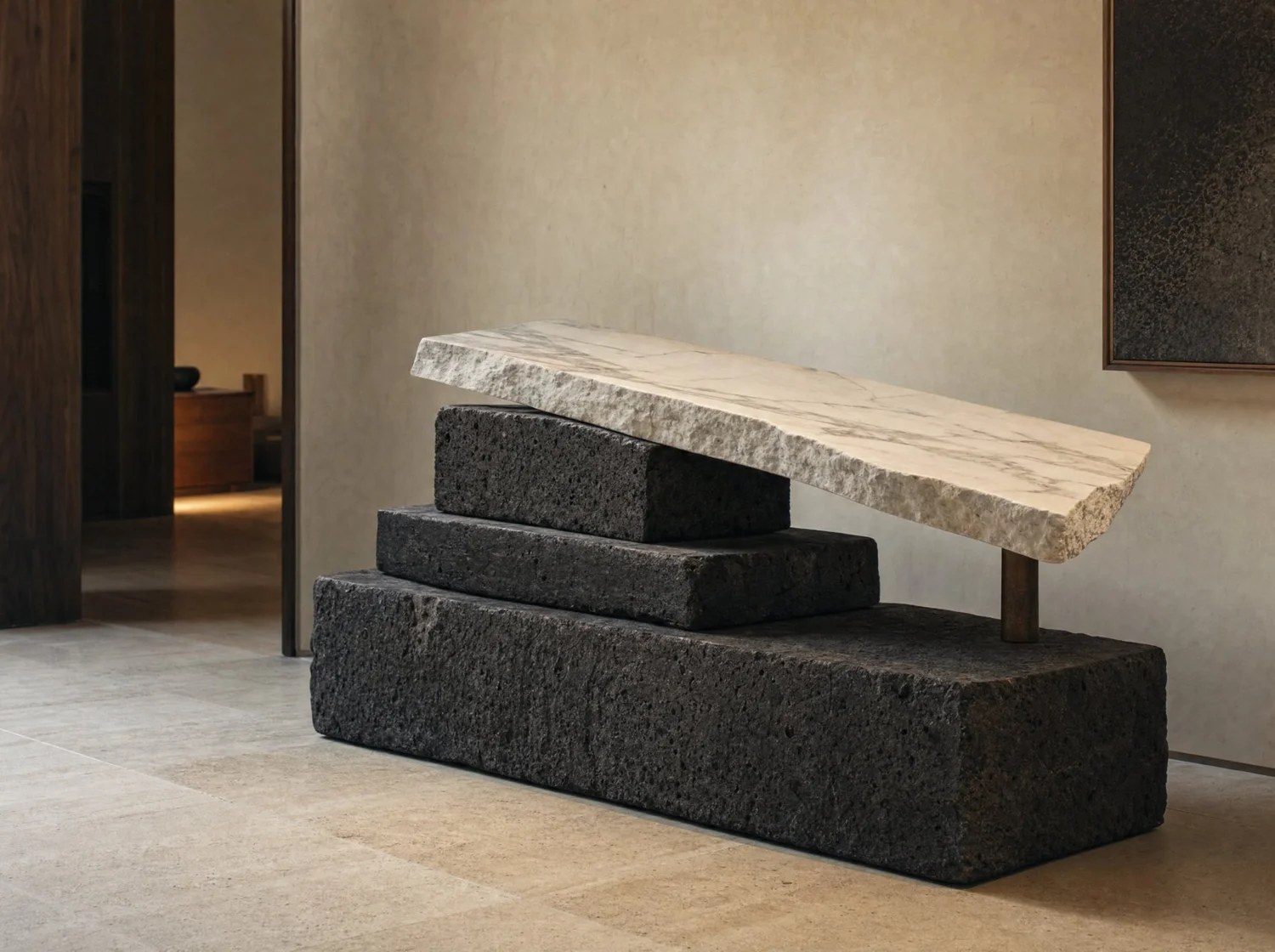 Tableta, sculpture in volcanic stone, white marble and bronze. Design render.