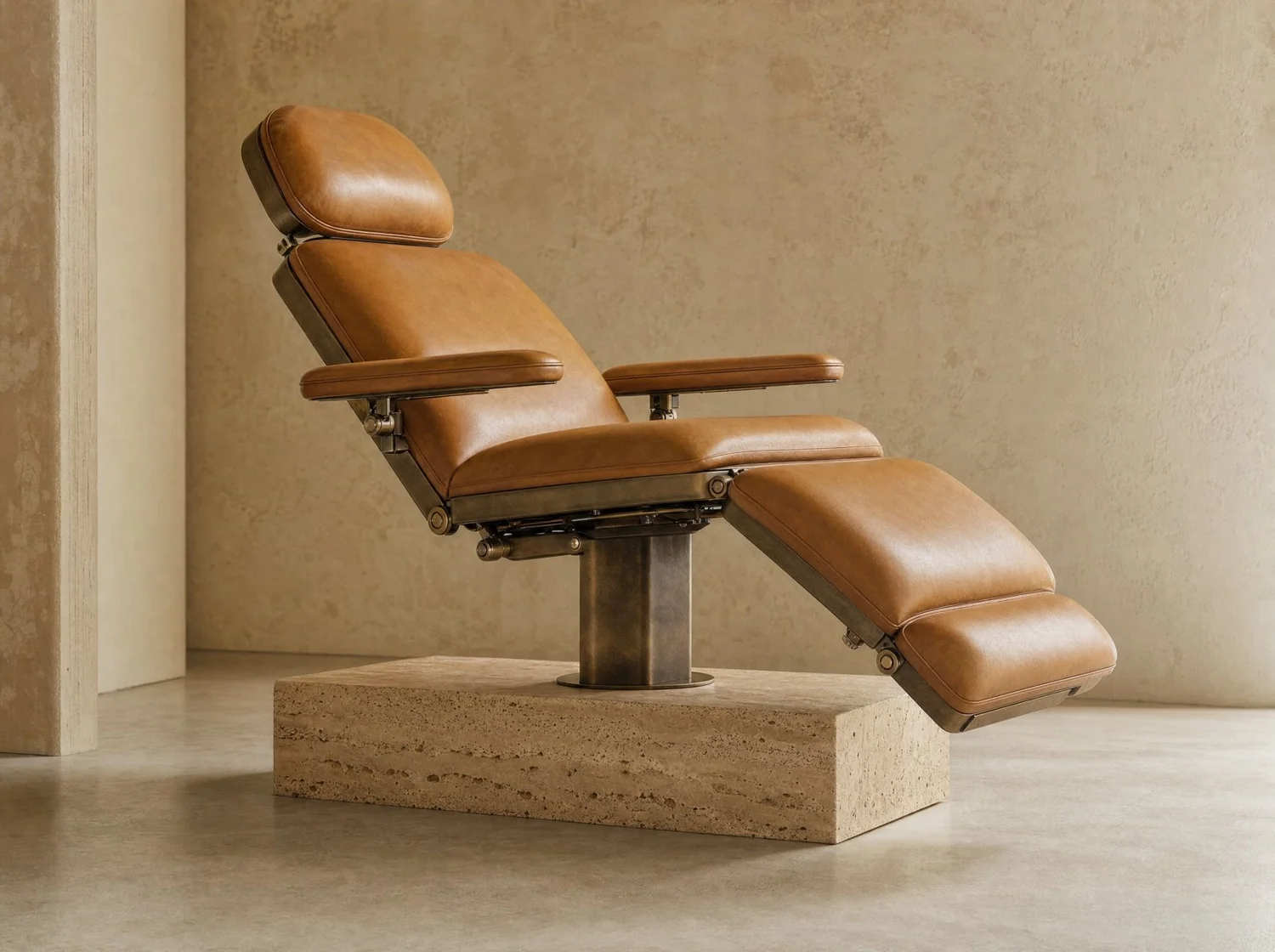 Estudio, commercial in travertine, bronze and leather. Design render.