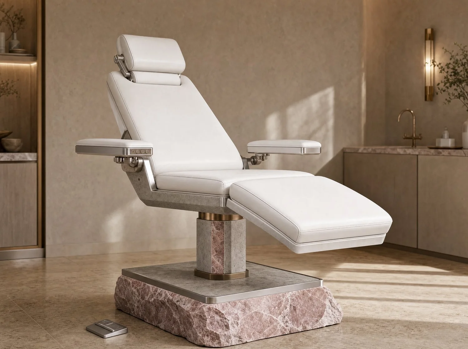 Ethereal, commercial in concrete, pink marble, stainless steel, bronze and leather. Design render.