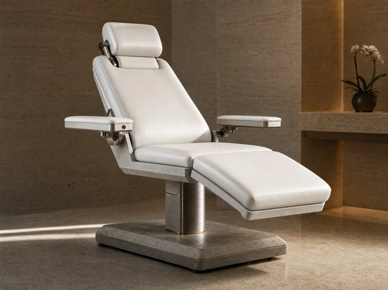 Ethereal, commercial in concrete, bronze, stainless steel and leather. Design render.