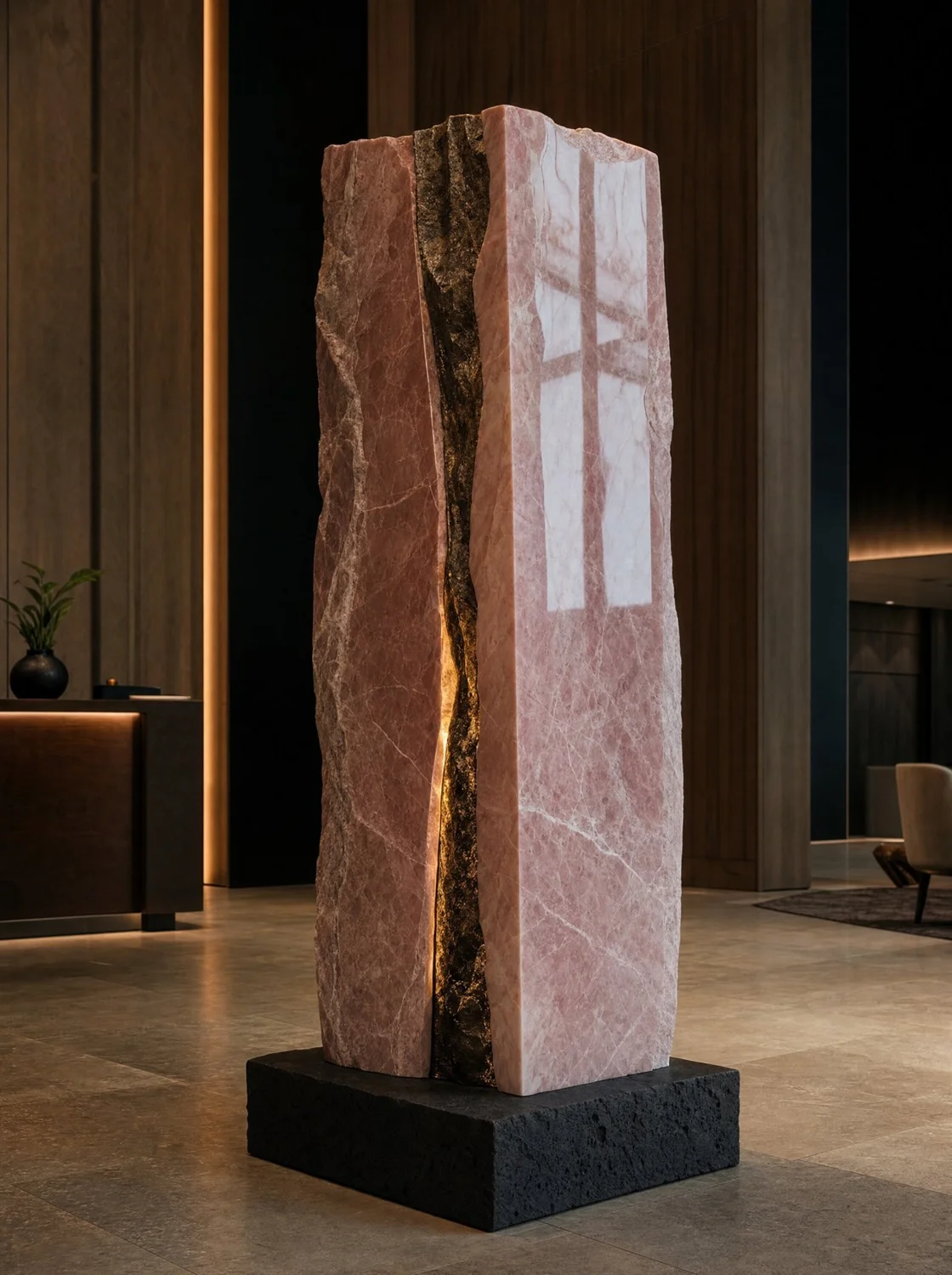 Veta, sculpture in pink marble, bronze, volcanic stone and LED light. Design render.