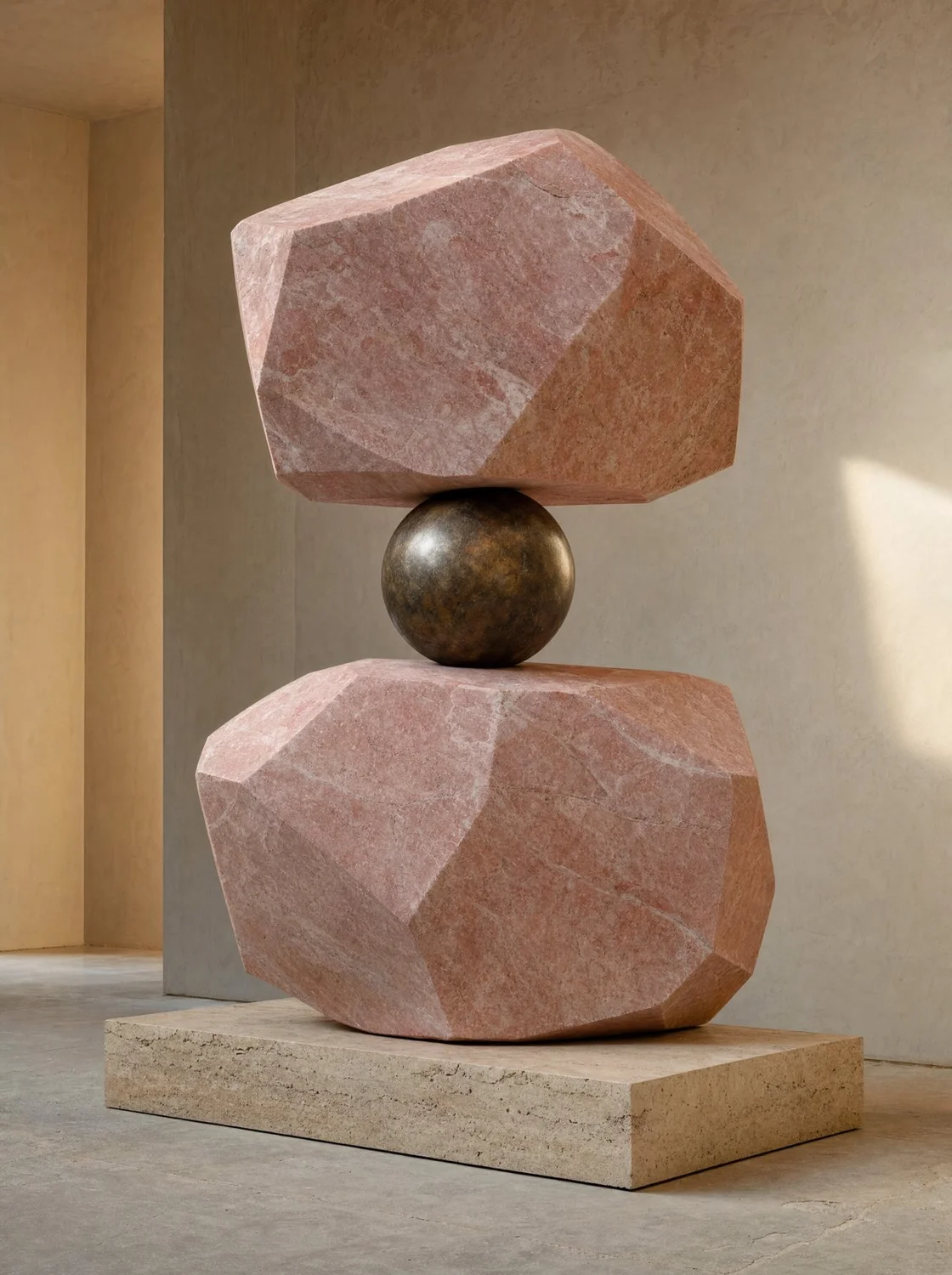 Equilibrio, escultura en mármol rosa, bronce y travertino. Render de diseño.
