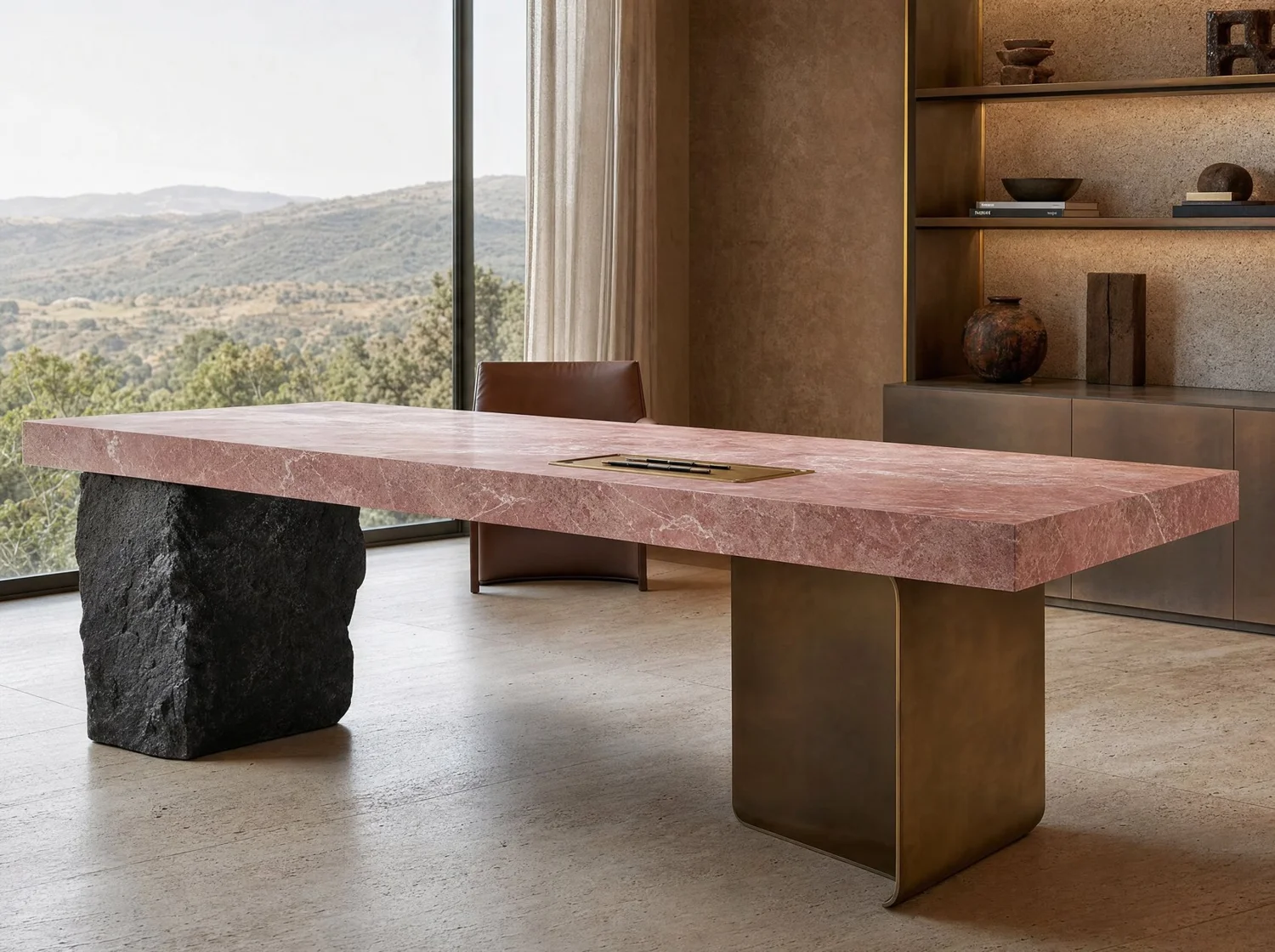 Rosa, desk in pink marble, volcanic stone and bronze. Design render.