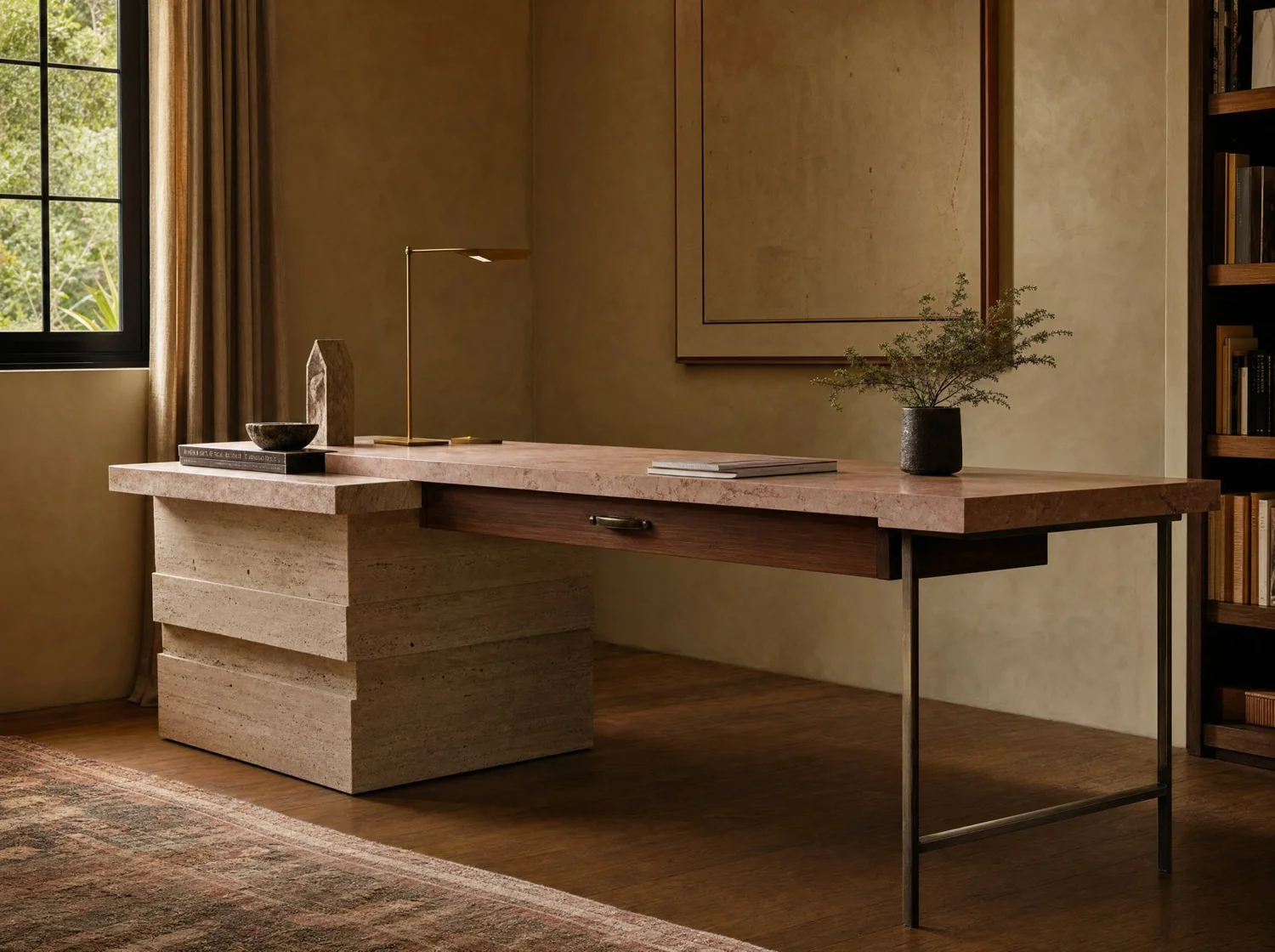 Rosa, desk in pink marble, travertine, stainless steel and walnut. Design render.