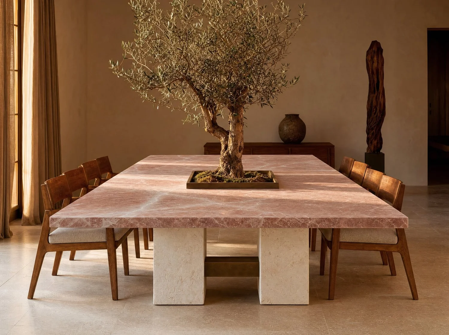Bonsái, dining table in pink marble, white marble and bronze. Design render.