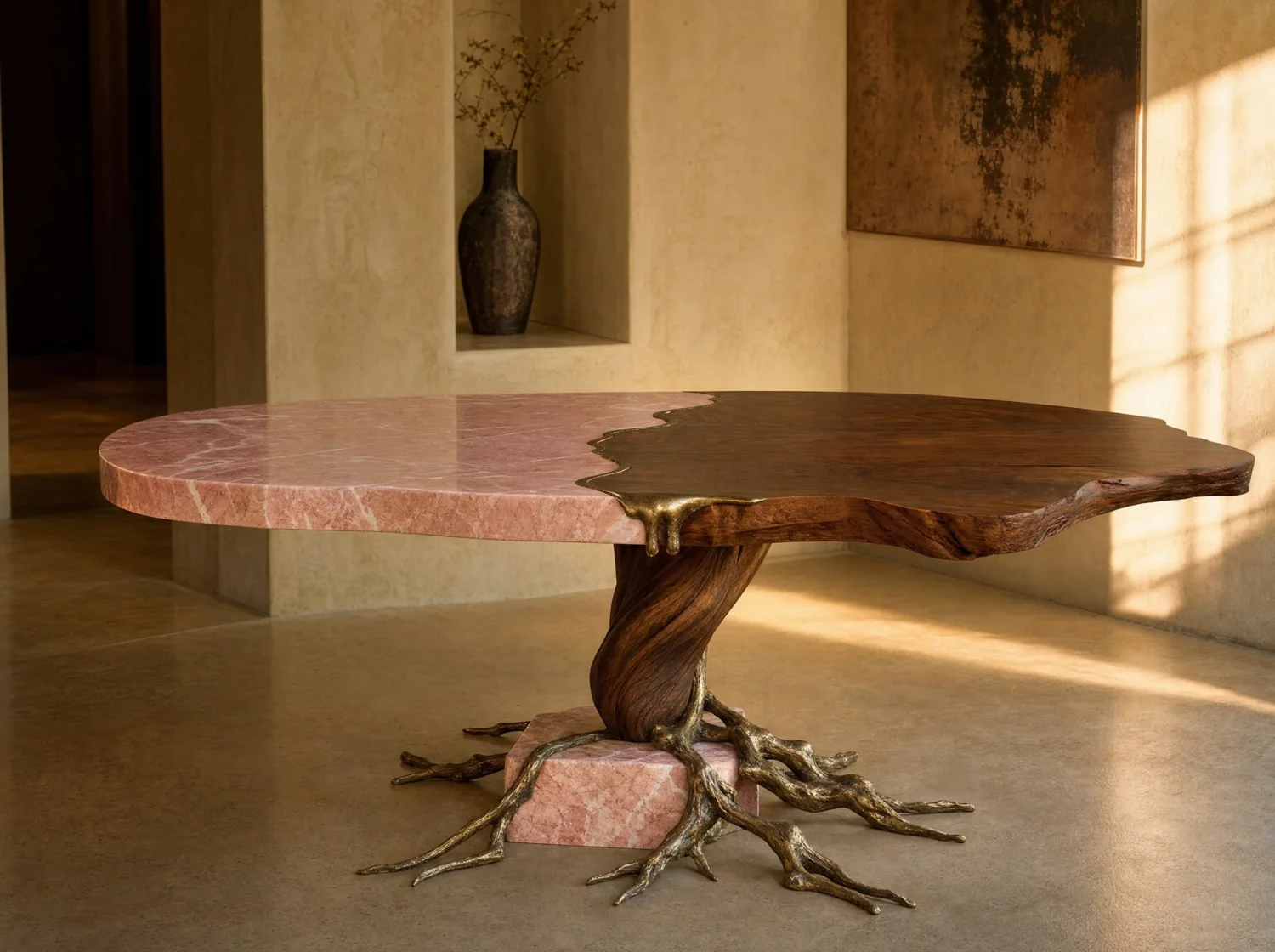Falla, dining table in pink marble, walnut and bronze. Design render.