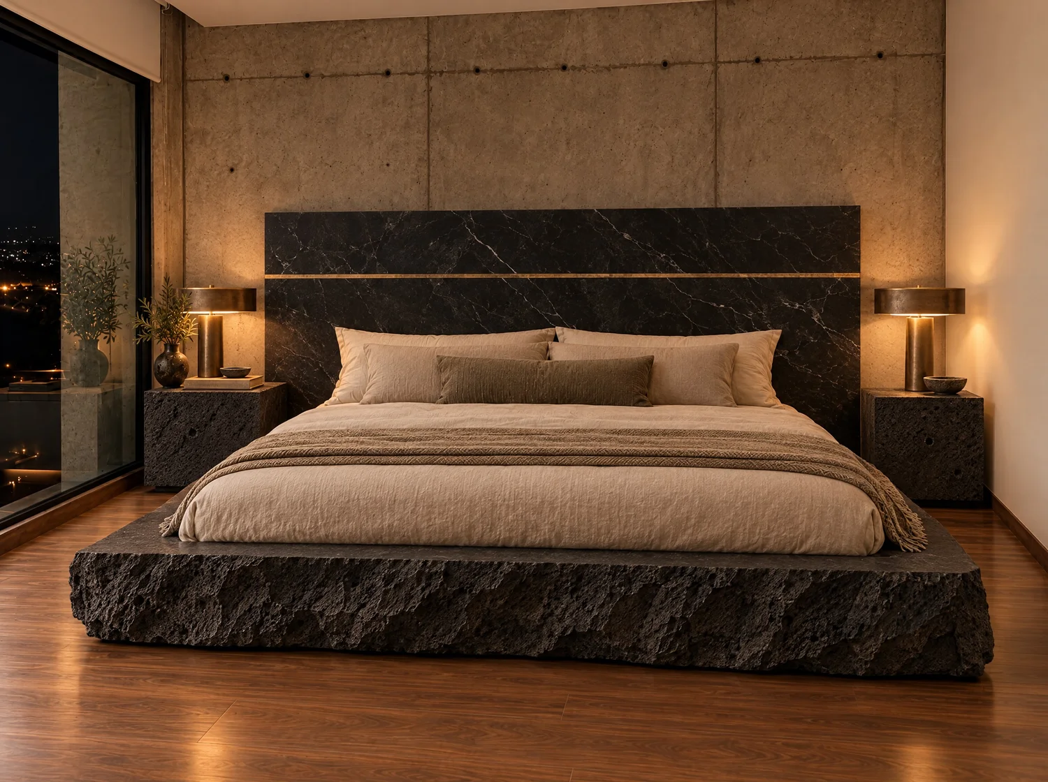 Basalto, bed in volcanic stone, Negro Vizarrón marble and bronze. Design render.