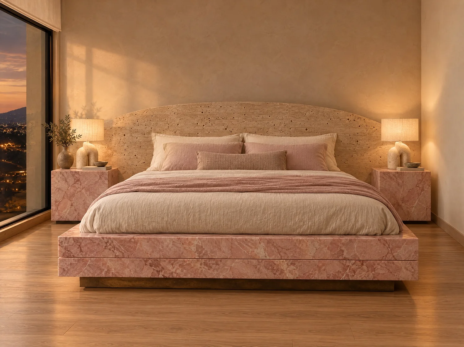 Aurora, bed in pink marble, travertine and bronze. Design render.