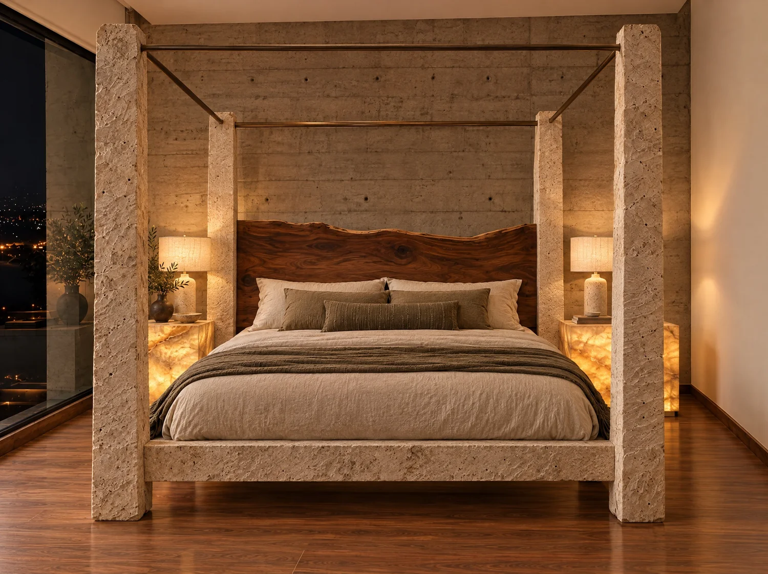 Pilares, bed in cantera, bronze, parota, onyx and LED light. Design render.