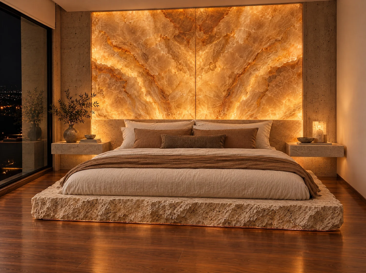 Brillo, bed in onyx, travertine, copper and LED light. Design render.